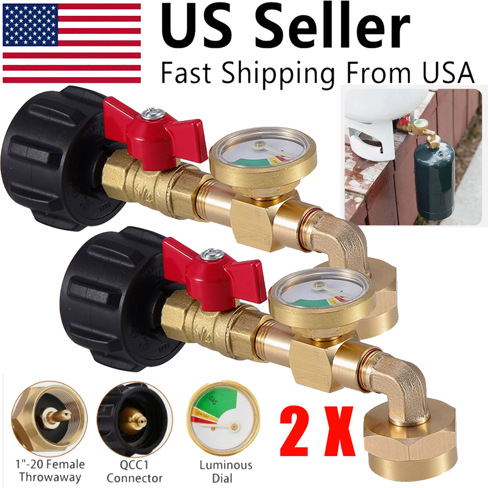 2 X 1Lb To 20Lb Tank Propane Refill Adapter With Gauge And ON-Off Control Valve
