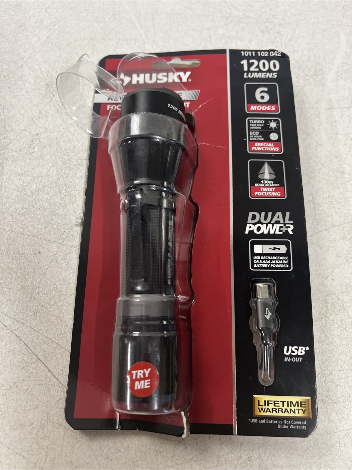 Husky 1200 Lumens Dual Power LED Rechargeable Focusing Flashlight Damaged Pack