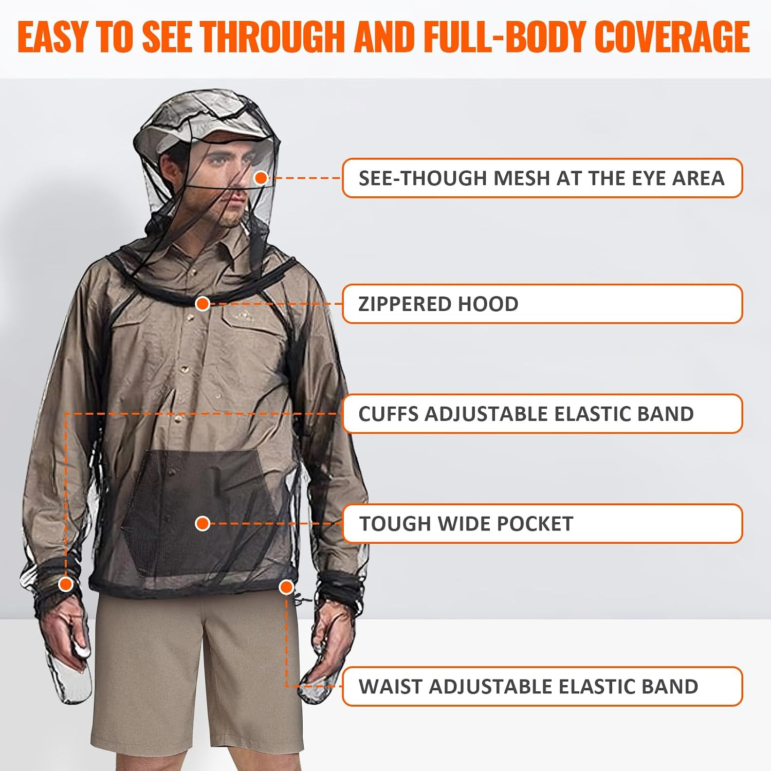 2 Pcs Mosquito Net Jacket with Hood & Gloves Breathable Mesh