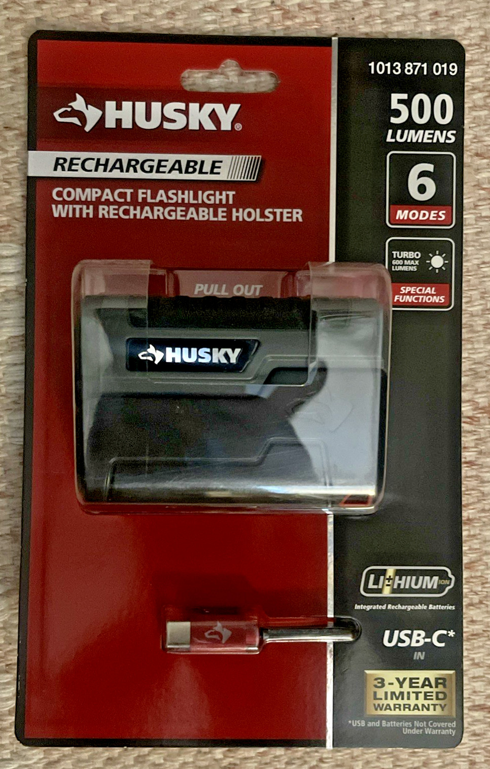 Husky Flashlight 500Lm Magnetic Rechargeable LED Holster Portable 6-Mode