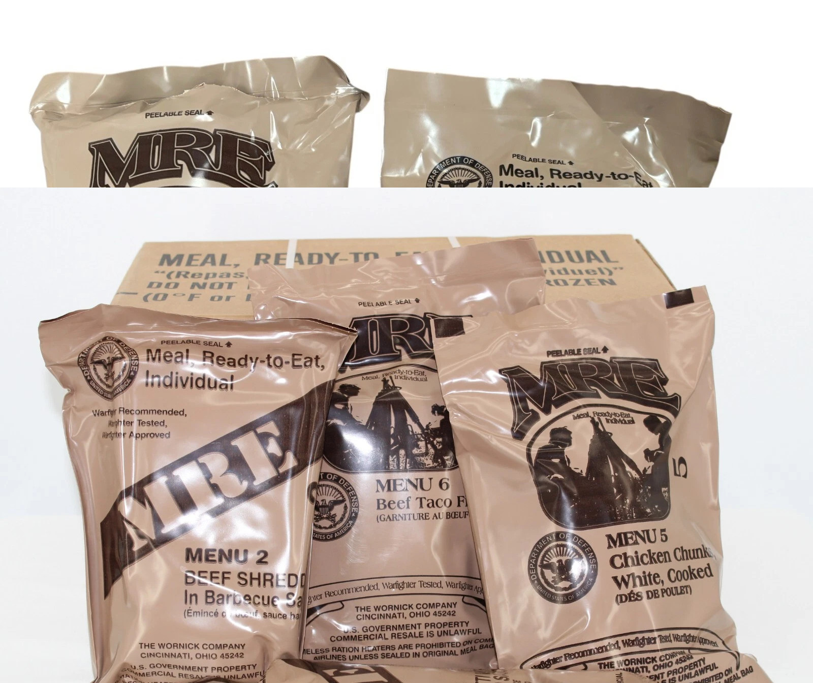 Government Issue U.S. Military MRE Case Ready to Eat Emer -Options 1,2,4-8 pack