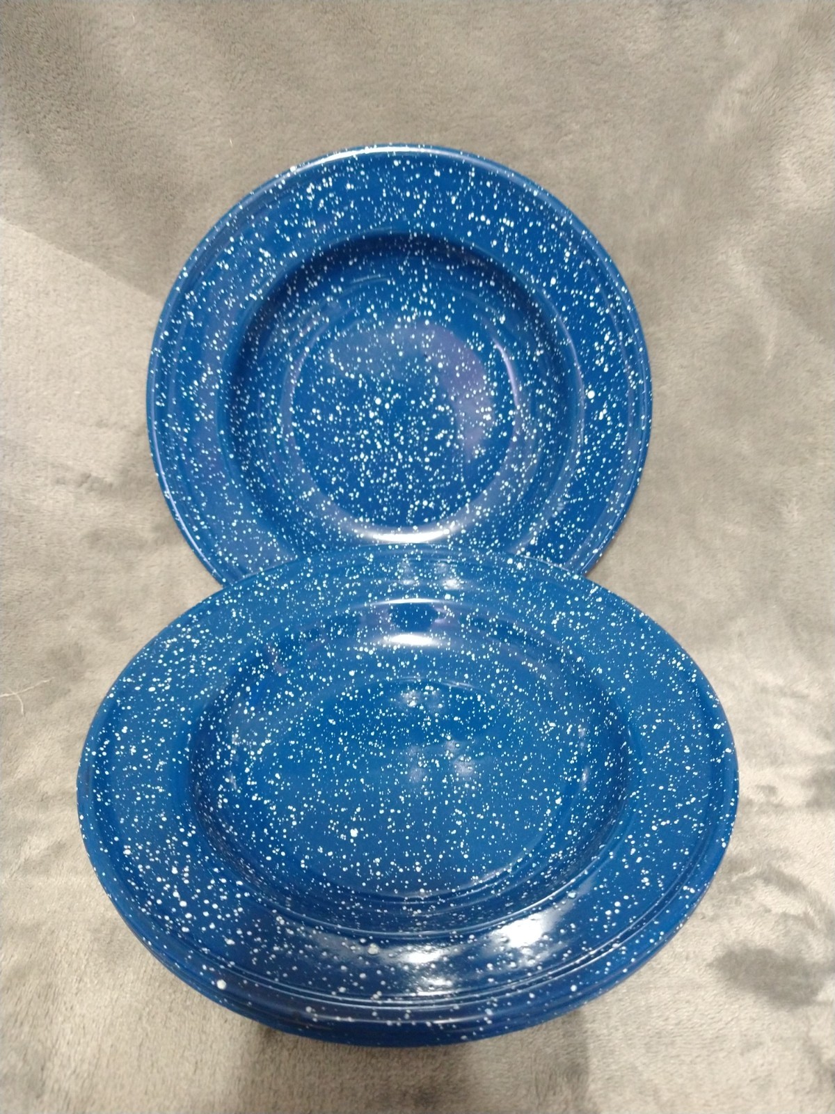 4 Blue Speckled 10.5 ” Enamel Farm House Granite Ware Dinner Plates
