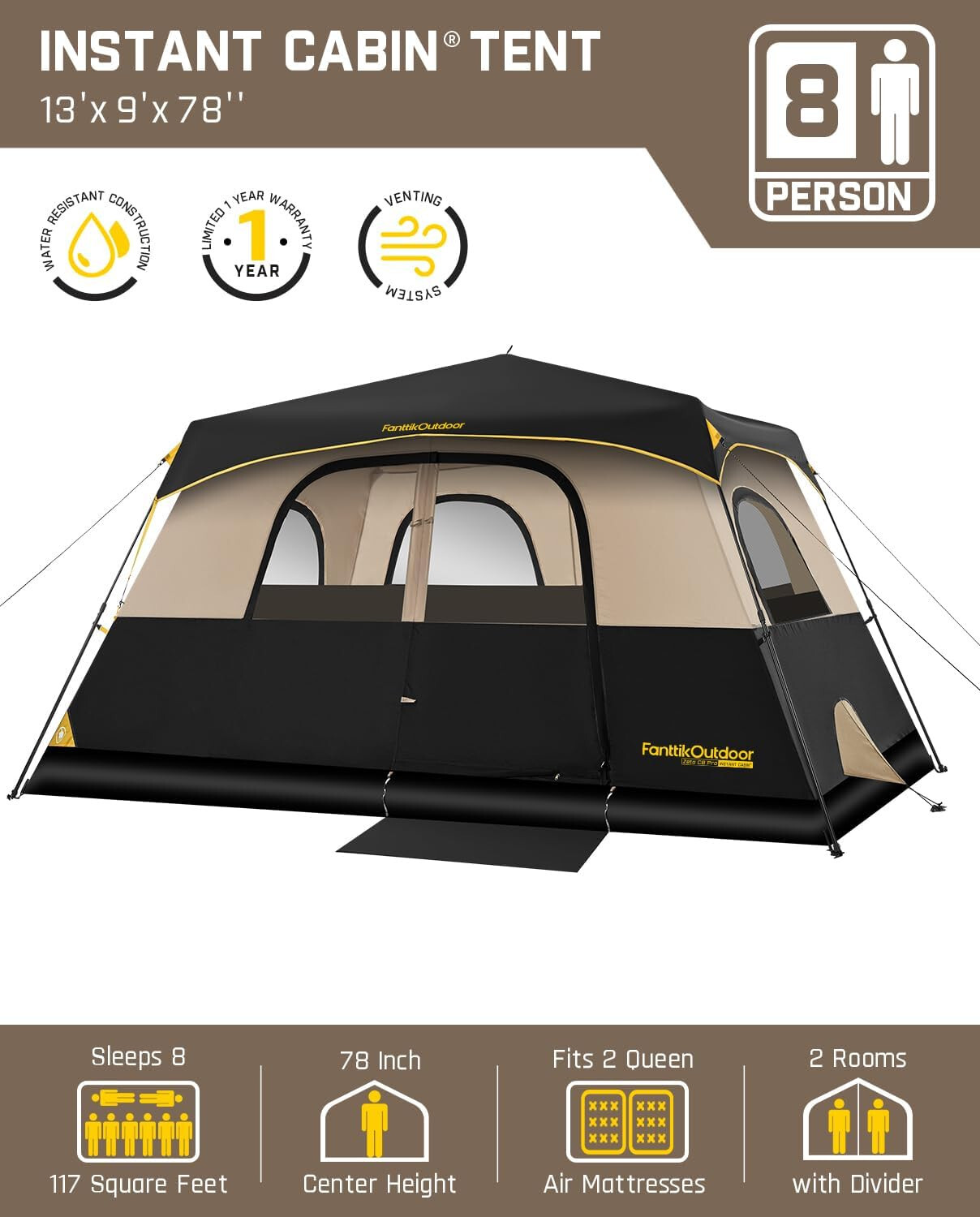 FanttikOutdoor Camping Tent 8 Person Instant Cabin Tent Setup in 60 Seconds