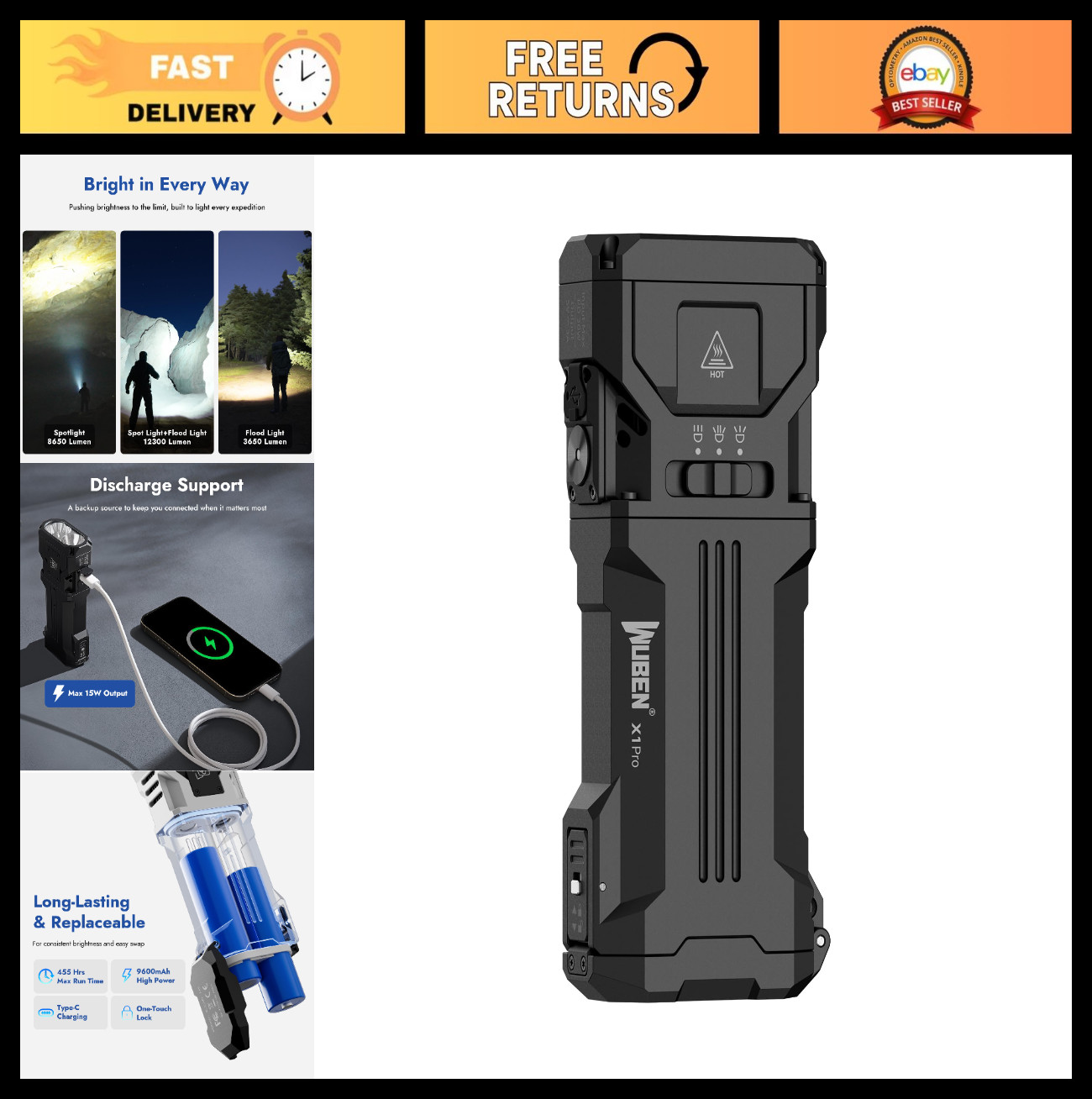 High Lumens Rechargeable Flashlight 12300 Lumen, EDC Portable Light, IP65, Strob