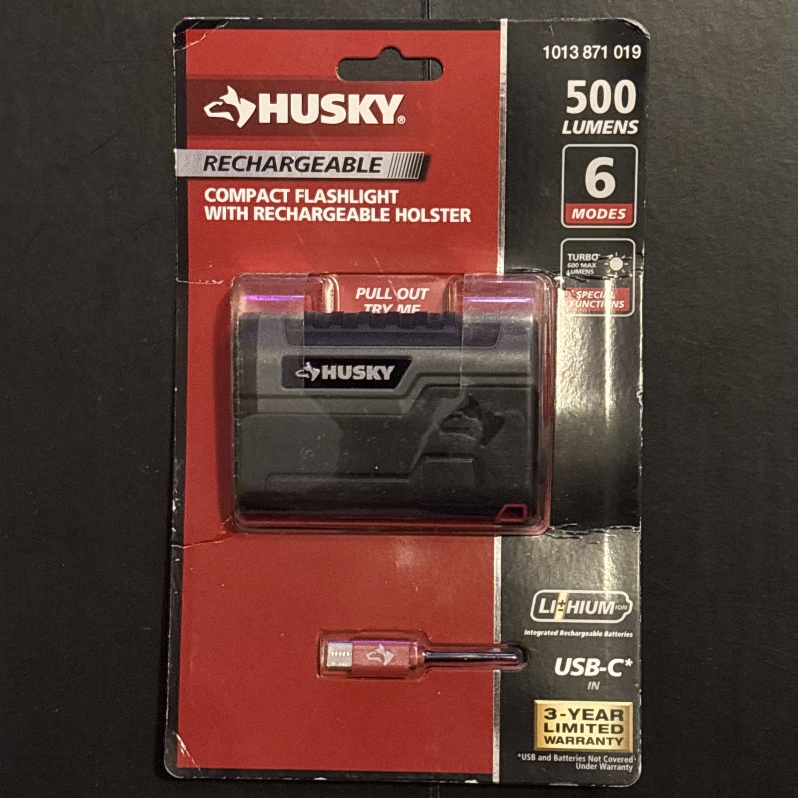 Husky 500 Lumens LED Compact Flashlight W/ Rechargeable Holster, 6 Modes USB-C
