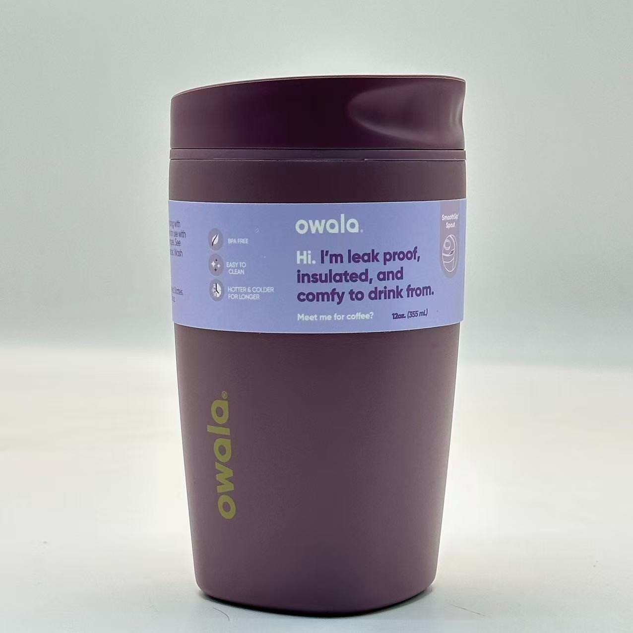 Owala 12oz Purple SmoothSip Slider Coffee Tumbler Stainless Steel Mug
