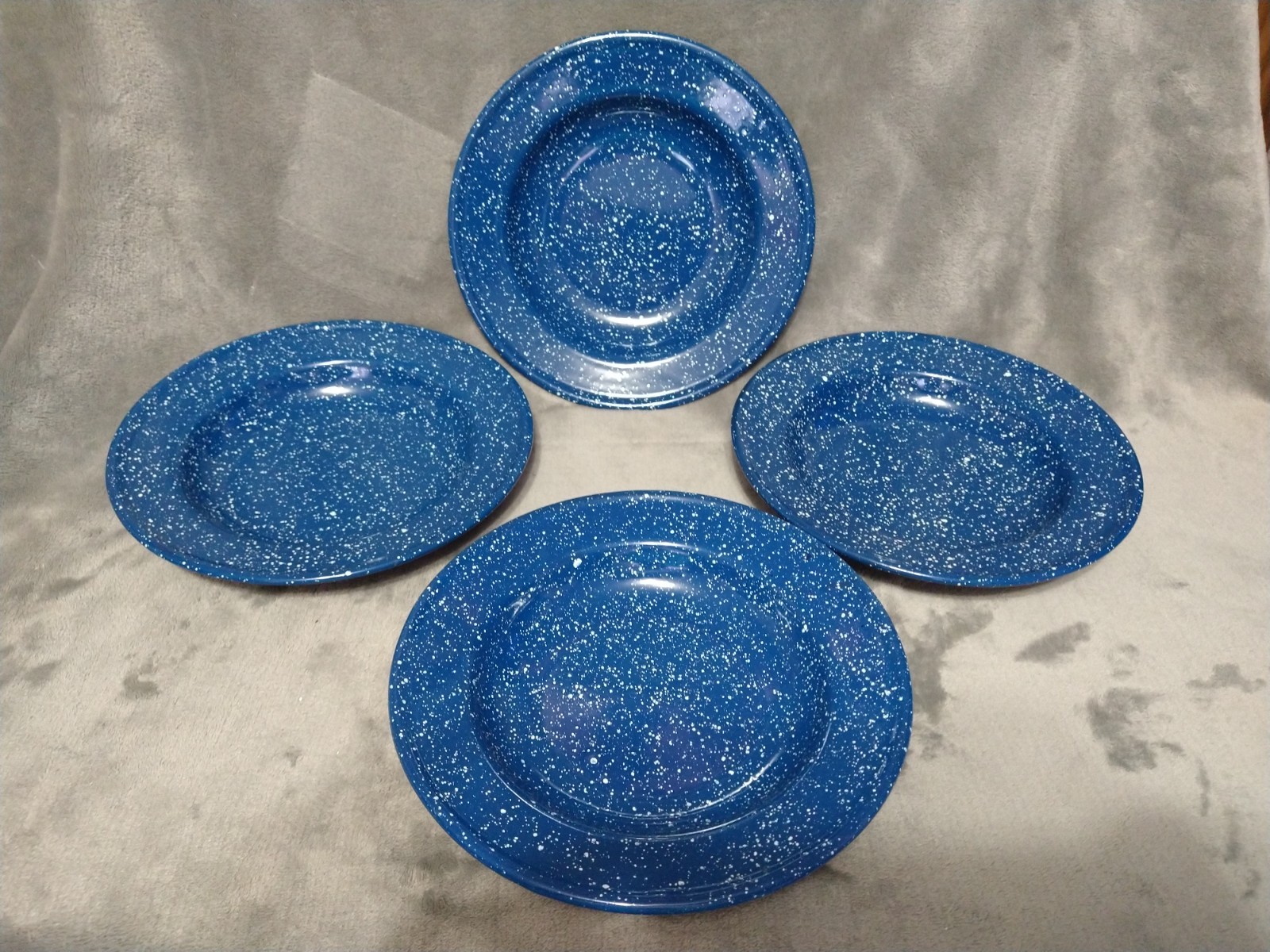 4 Blue Speckled 10.5 ” Enamel Farm House Granite Ware Dinner Plates