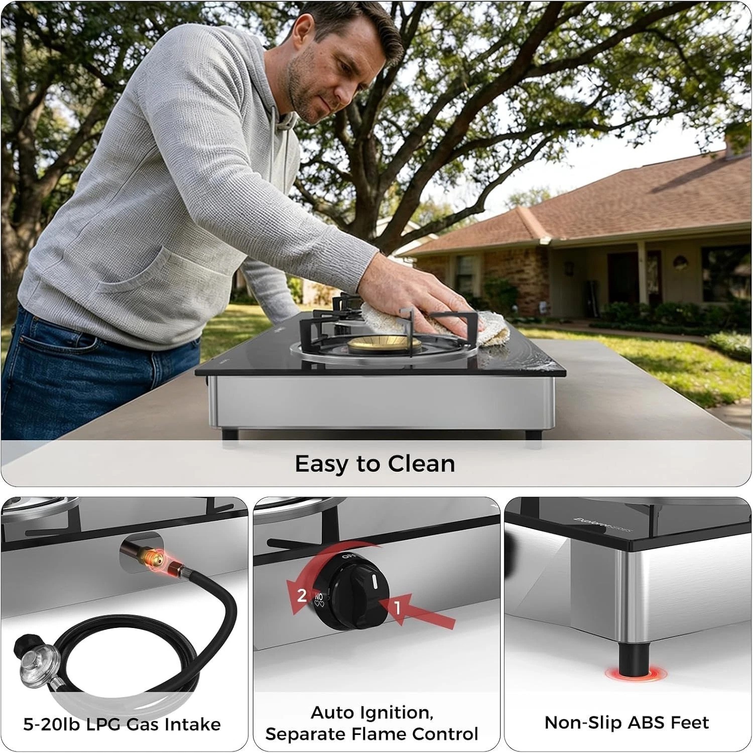 Compact 19000 BTU Propane Cooktop with Hose & Regulator – Ideal for Camping