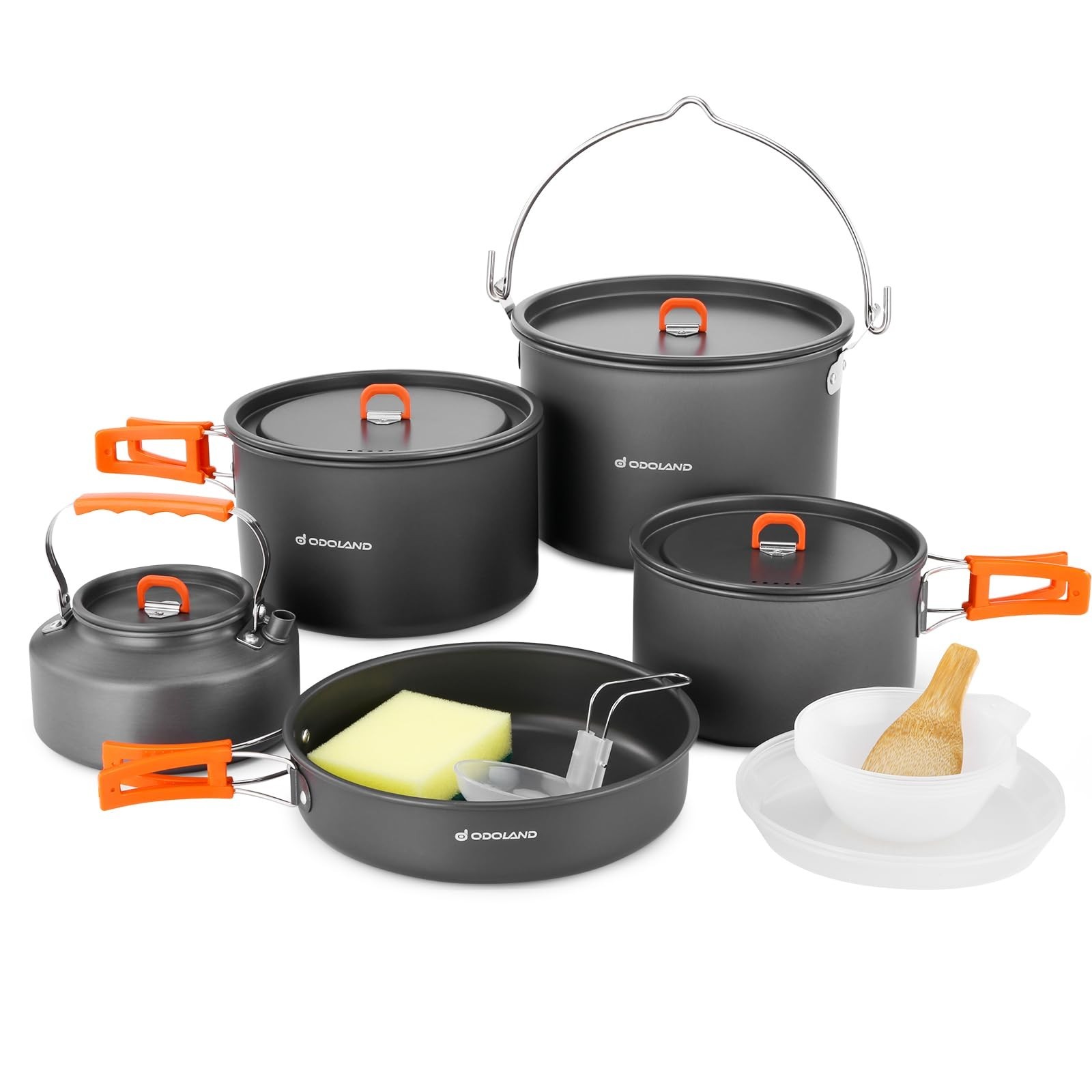 Odoland 18pcs Camping Cookware Large Size Hanging Pot Pan Kettle Set with Pla…