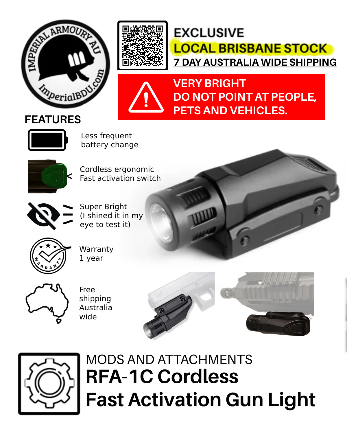 IMPERIALBDU RFA-1C Cordless Tactical Pistol Rifle Shotgun Flashlight Gun Light