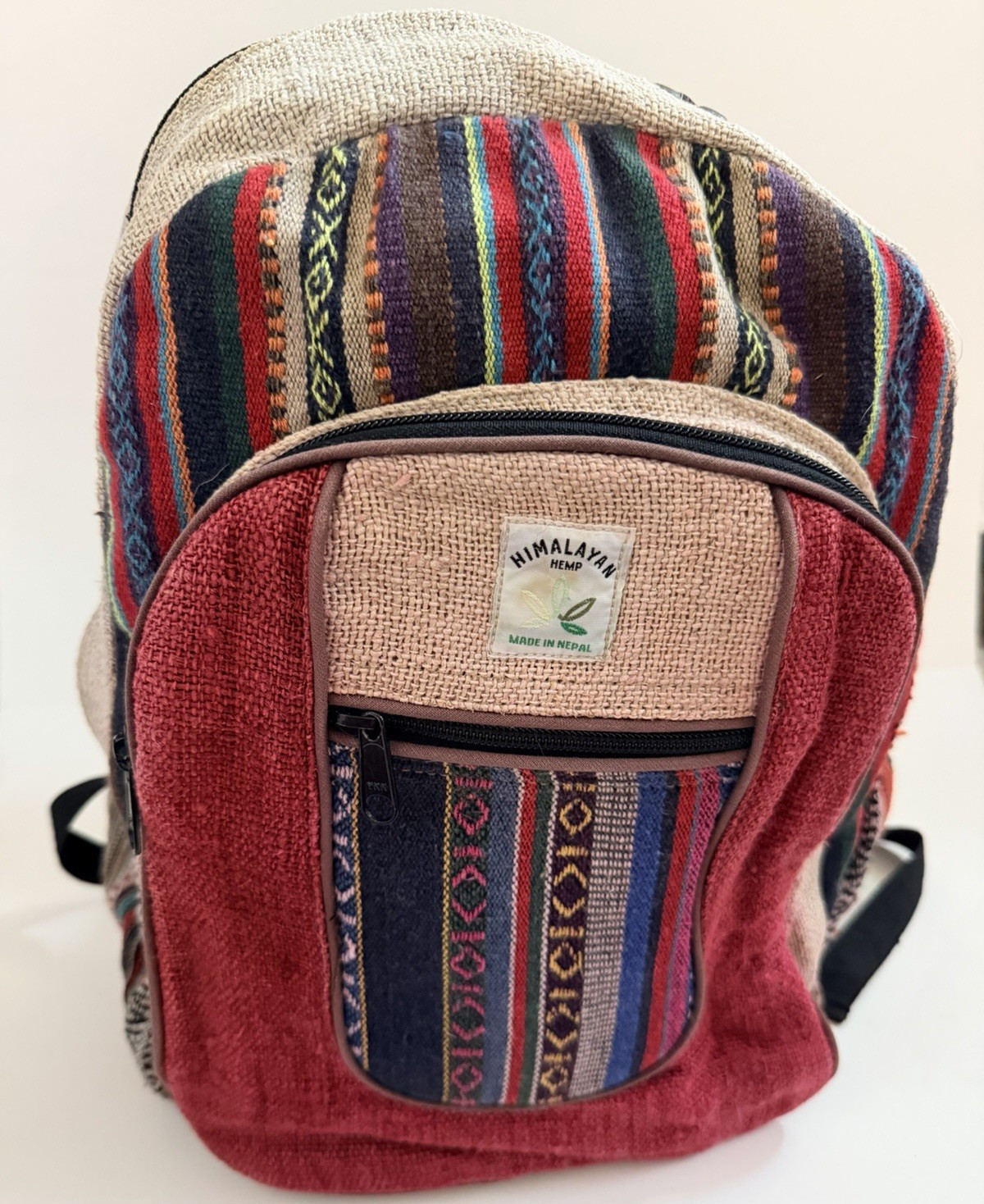 Himalayan Hemp Hemp Backpack Multicolor Striped Embroidered Zip Made in Nepal