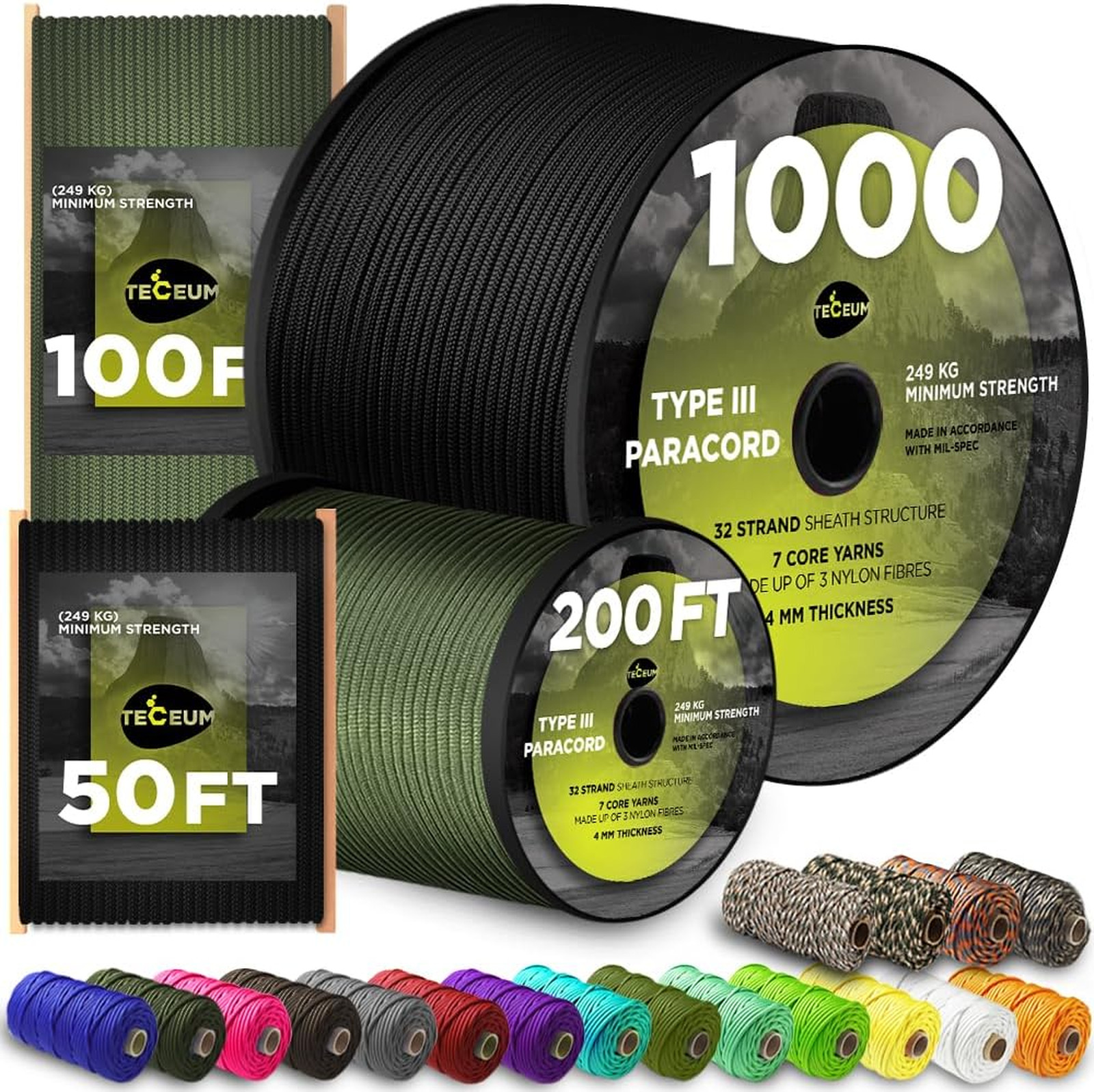 Paracord Rope 550 lb Nylon Core 4mm 50ft to 1000ft Black Mil-Spec Utility
