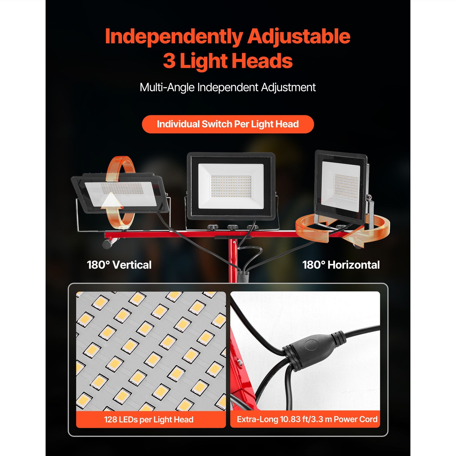 21000 Lumen LED Work Light with Tripod Stand, 3 Head, IP65, 10.8 ft Cord