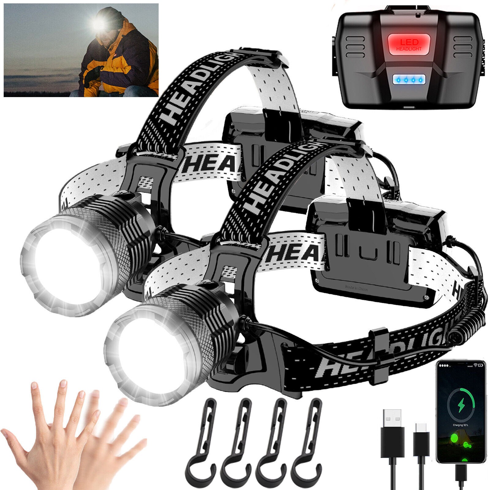 2x 9900000LM Super Bright LED Headlamp Rechargeable Motion Sensor 30W Head Torch