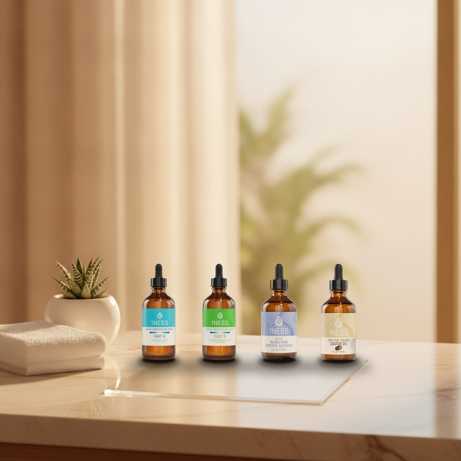 1NESS Water Treatment Drops 4oz HCL Kit + DMSO & Organic Castor Oil Bundle