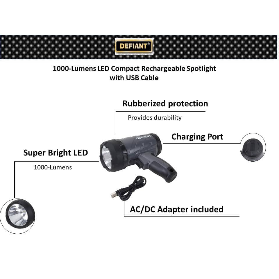 1000 Lumens LED Compact Rechargeable Spotlight with USB Cable
