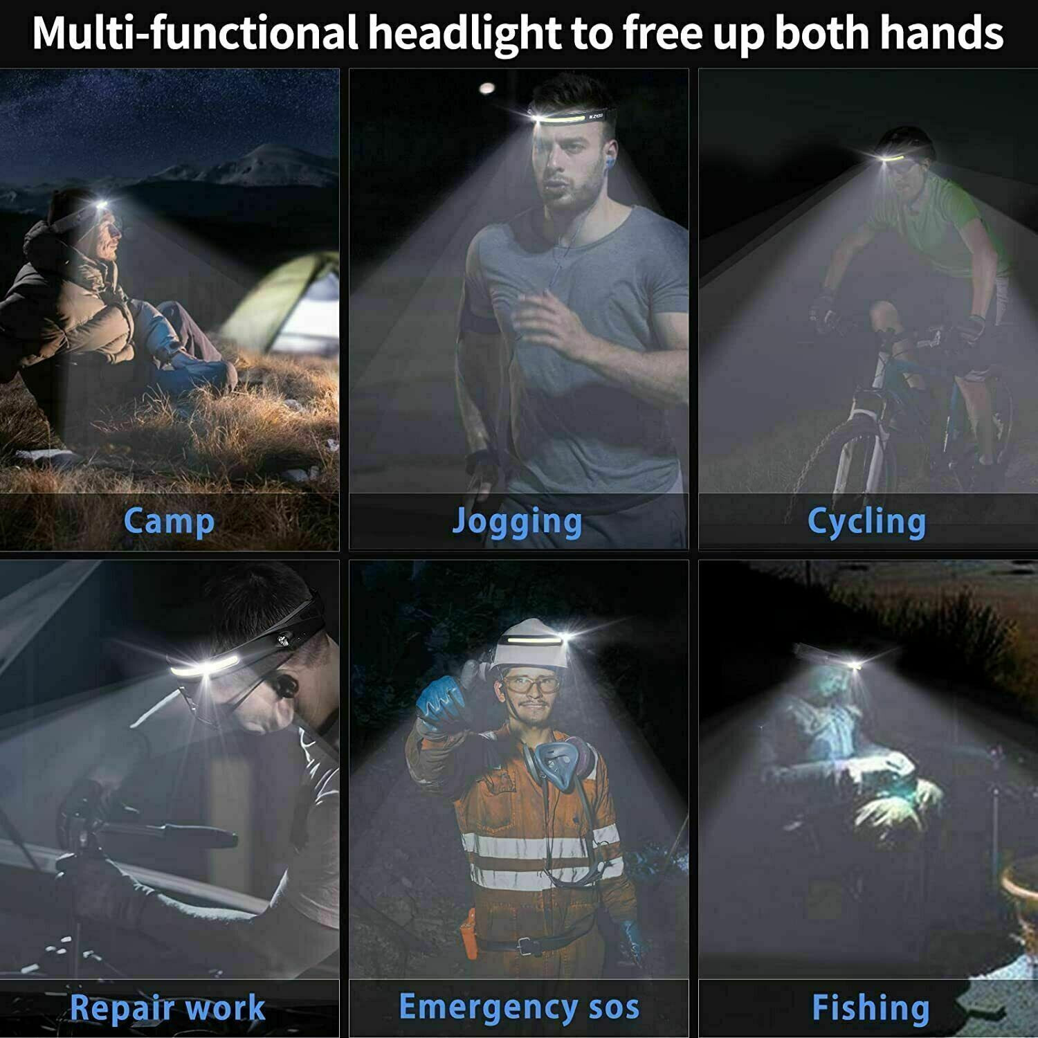 COB LED Headlamp USB Rechargeable Headlight Torch Work Light Bar Head Band Lamp