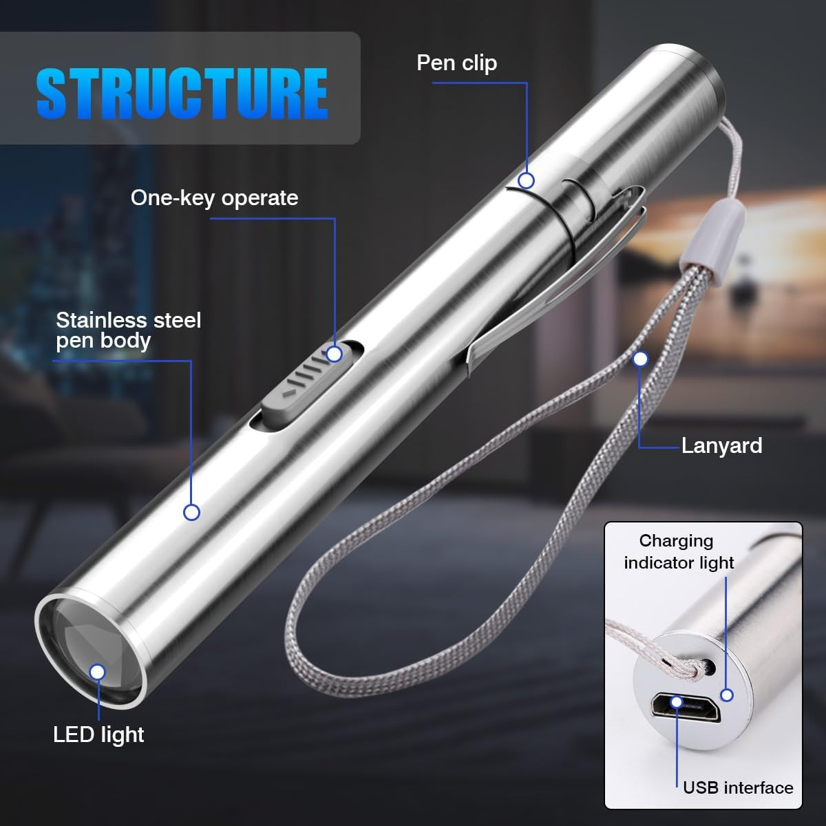 1-200 LED USB RECHARGEABLE MINI FLASHLIGHT Stainless Steel Pen Light 1000 Lumens