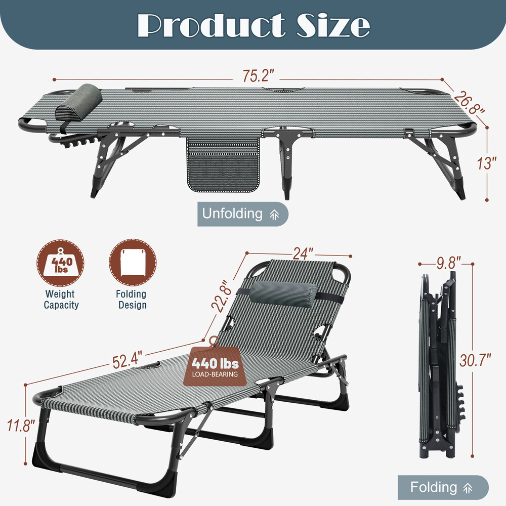 Slsy Folding Camping Cot Reclining Chaise Lounge With Cushion Pillow Side Pocket