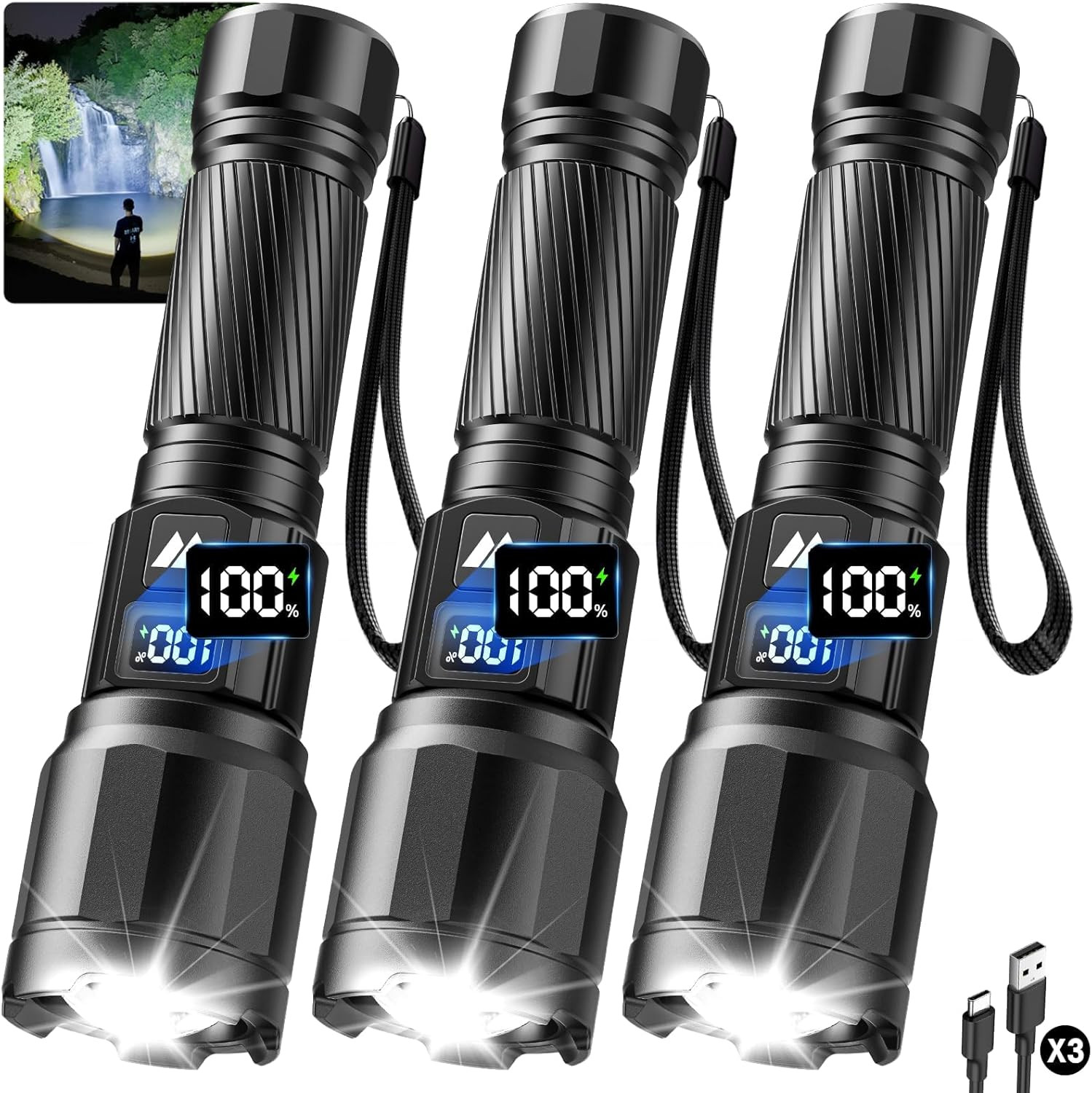 Linternas LED Recargables 3Pieza Alta Lumens LCD Zoom IP65 15H Duracion Portatil