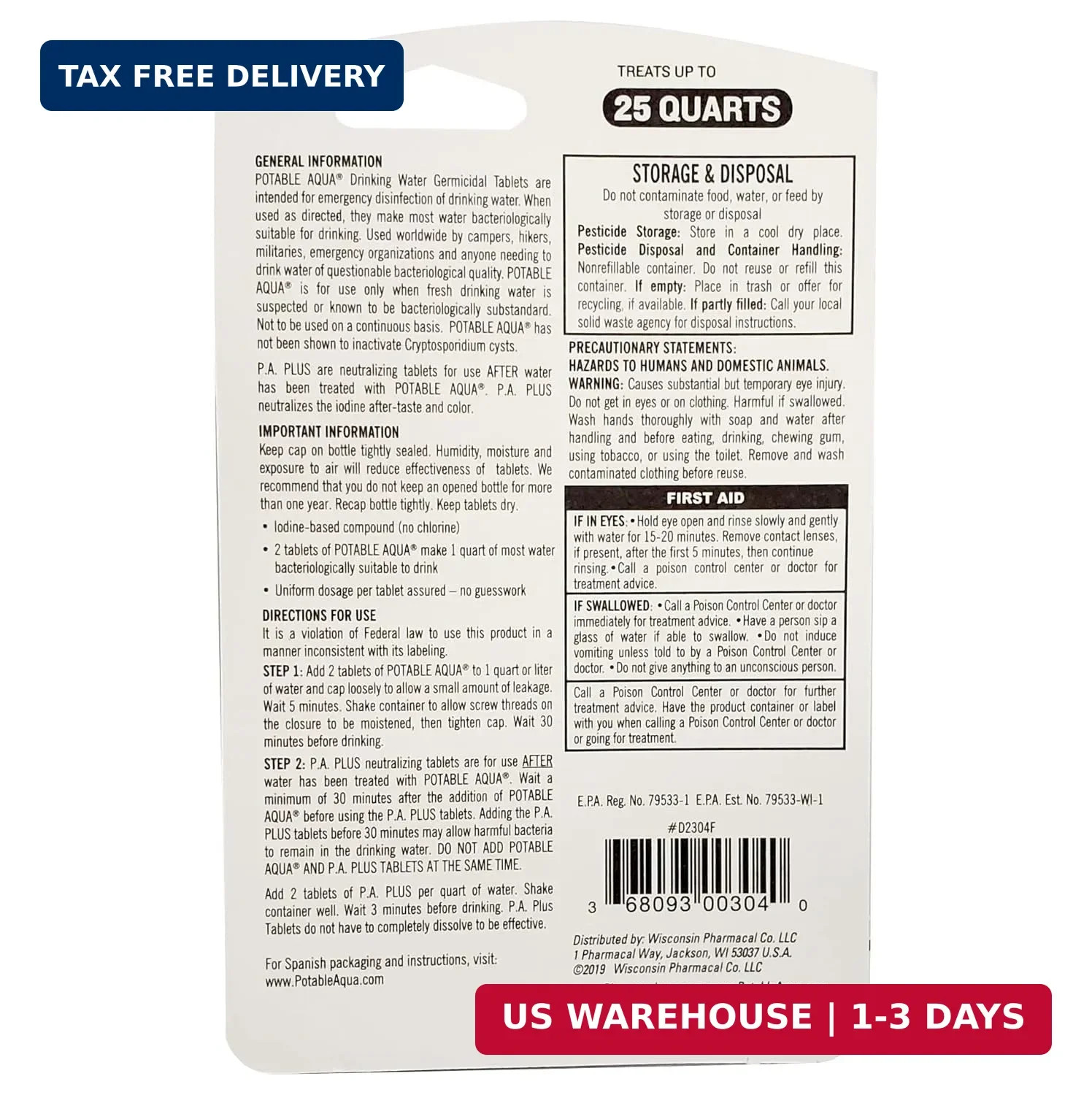 Water Purification Tablets With PA Plus – Two 50 count Bottles