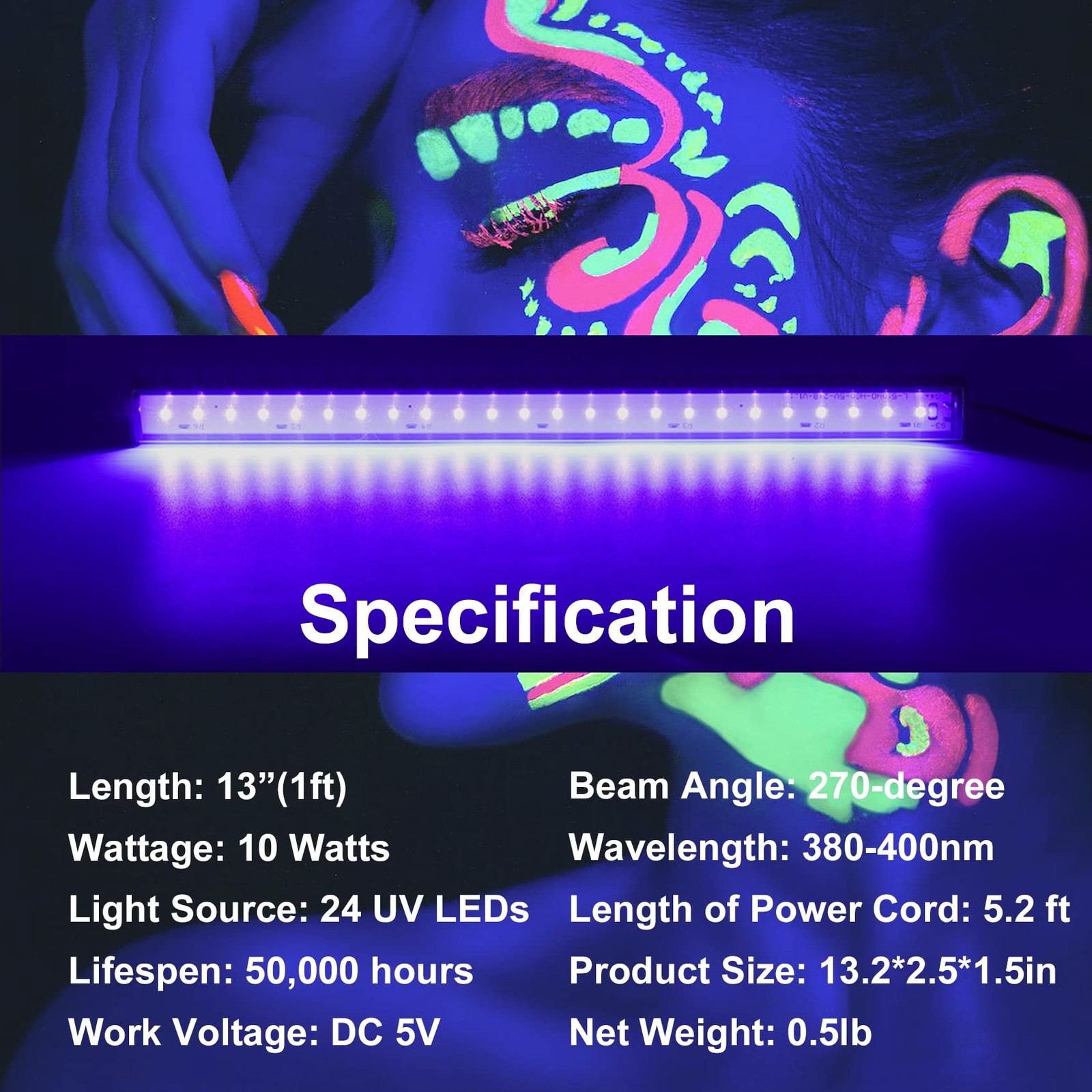 Black Light Bar 10W UV Blacklight Strip for Glow 1 ft 2 Pack,