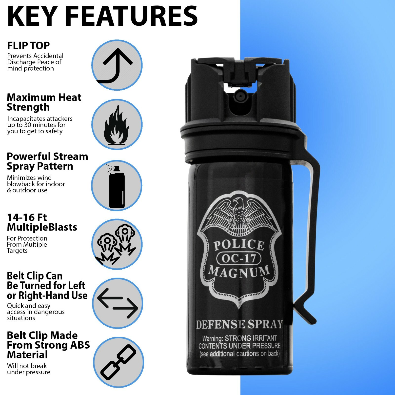 5 POLICE MAGNUM Pepper Spray 2oz Stream Flip Top Belt Clip Personal Self Defense