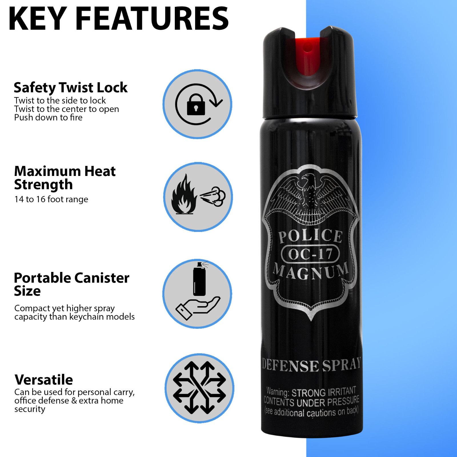 Police Magnum 4oz Twist lock pepper spray DENIM holster belt clip self defense