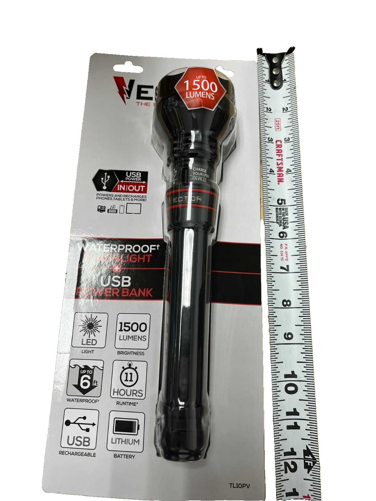 Vector LED Flashlight TL10PV, Rechargeable, Waterproof, 1500 Lumens,