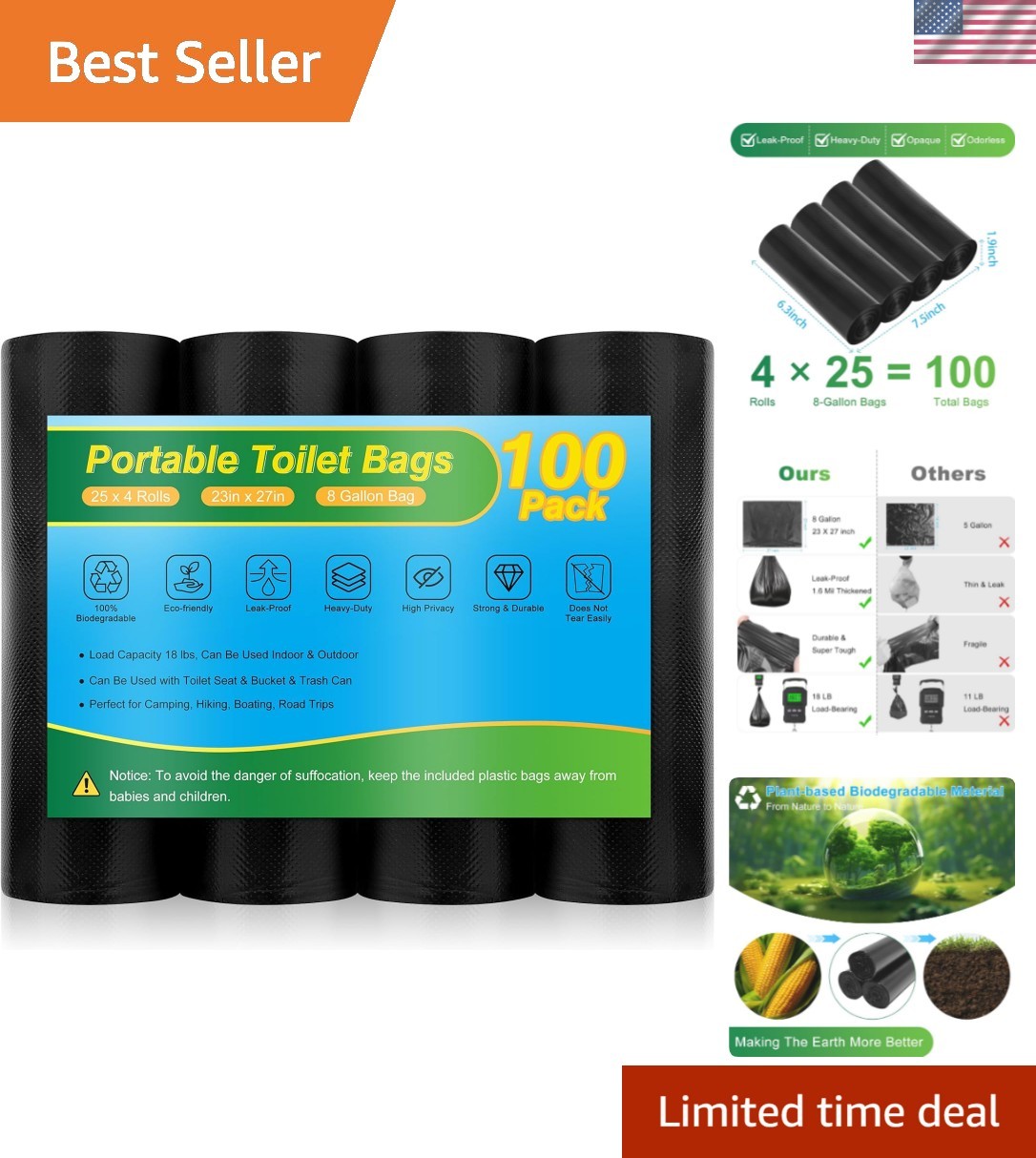 Portable Toilet Bags – 8 Gallon Camping Toilet Bags, Biodegradable Travel Pot…