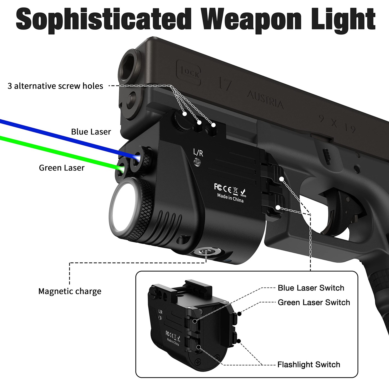 500 Lumen Blue Green Laser Light for Pistol, Rechargeable Rail Mounted Flashl…