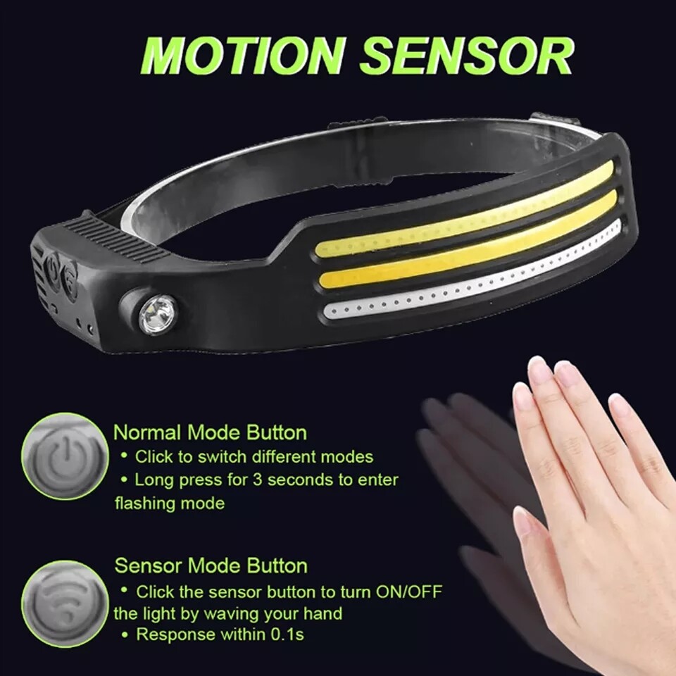 COB LED Headlamp USB Rechargeable Headlight Bar Head Band Torch Work Light 6000K