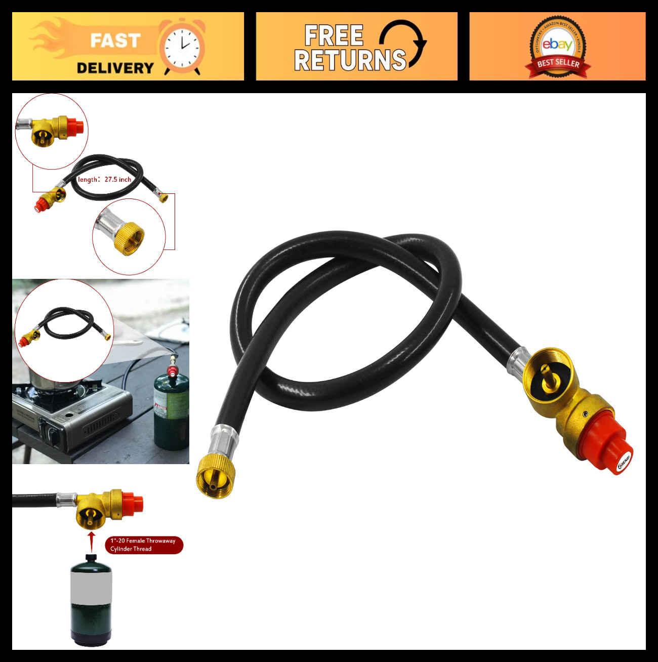 Portable Camping Stove Regulator & Hose – Convert 27.5″ to 1LB Propane Butane