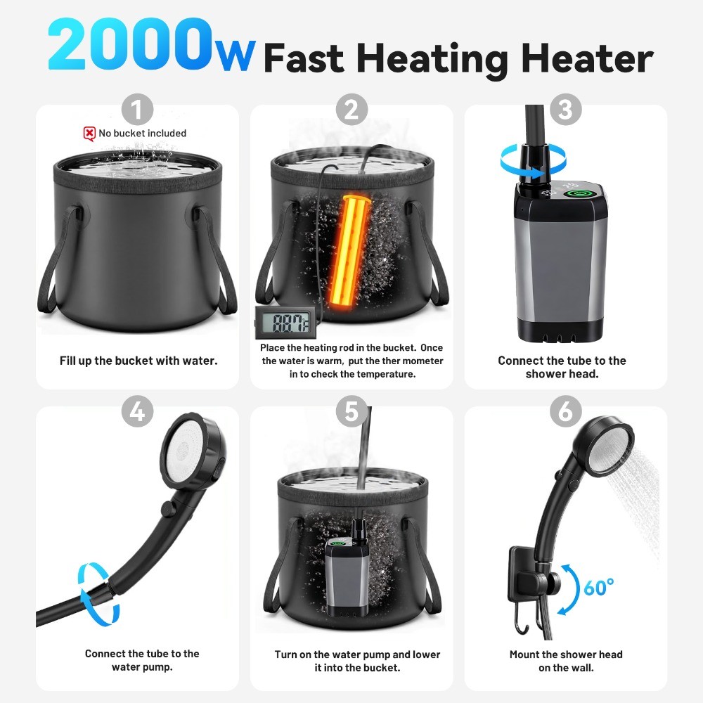 Portable Camping Shower Heater Rechargeable Outdoor 6000mAh Camp Pump for Travel