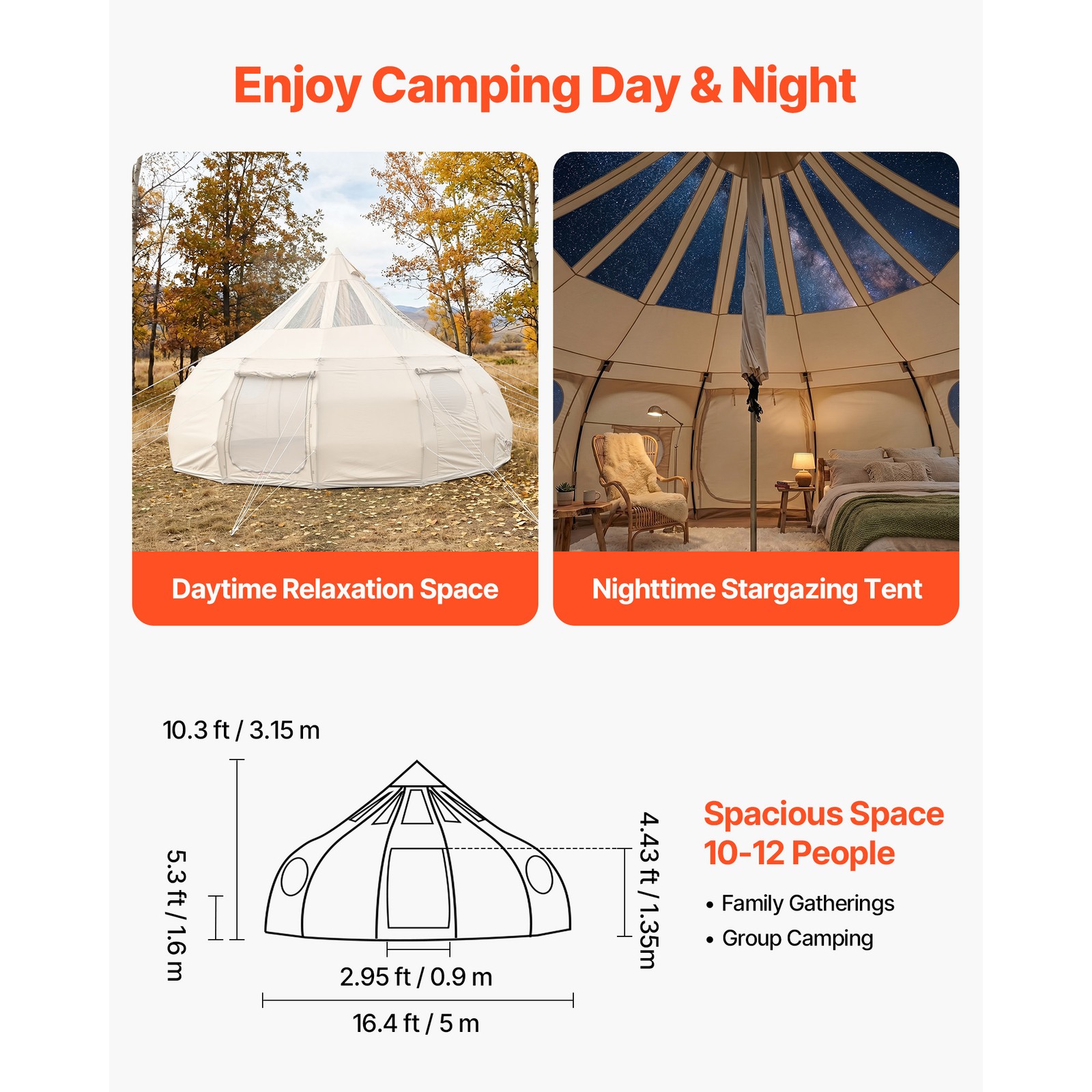 Canvas Bell Tent 5m / 16.4ft 4-Season Camping Yurt with Stove Jack 10-12 Person
