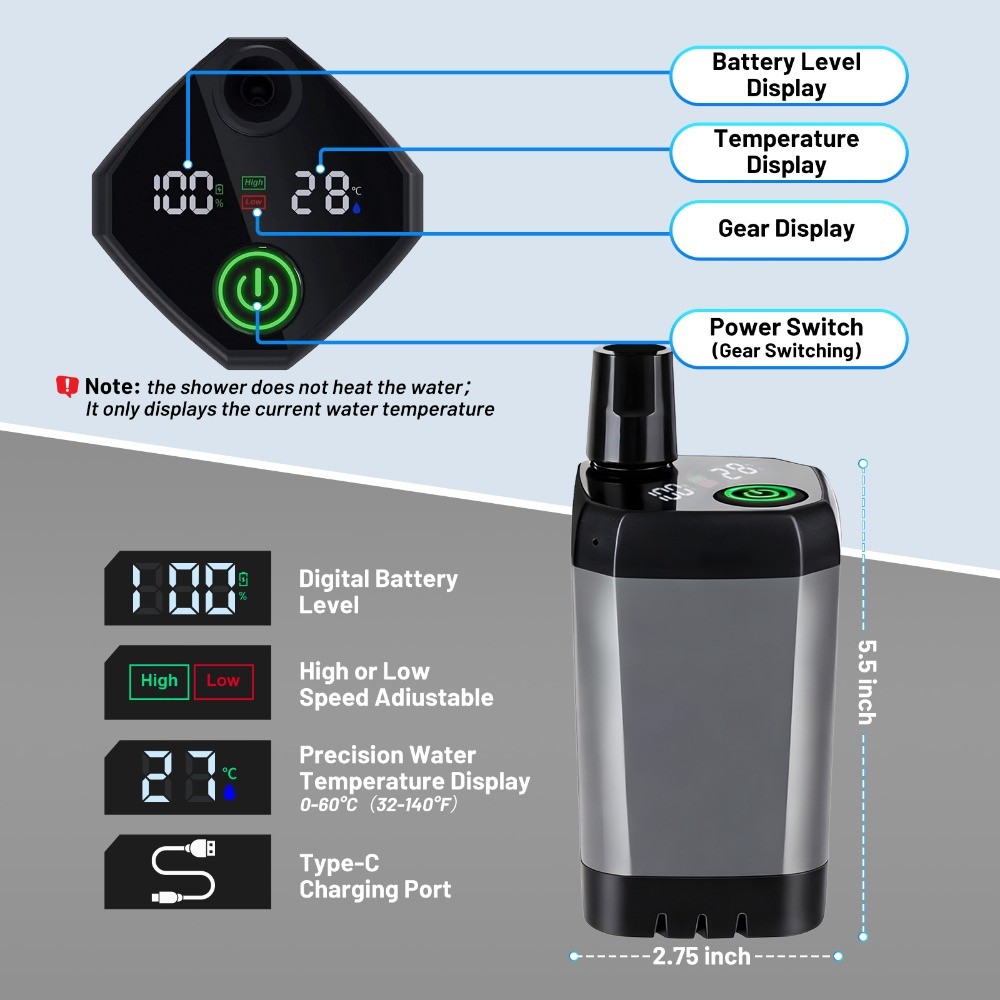 Portable Camping Shower Heater Rechargeable Outdoor 6000mAh Camp Pump for Travel