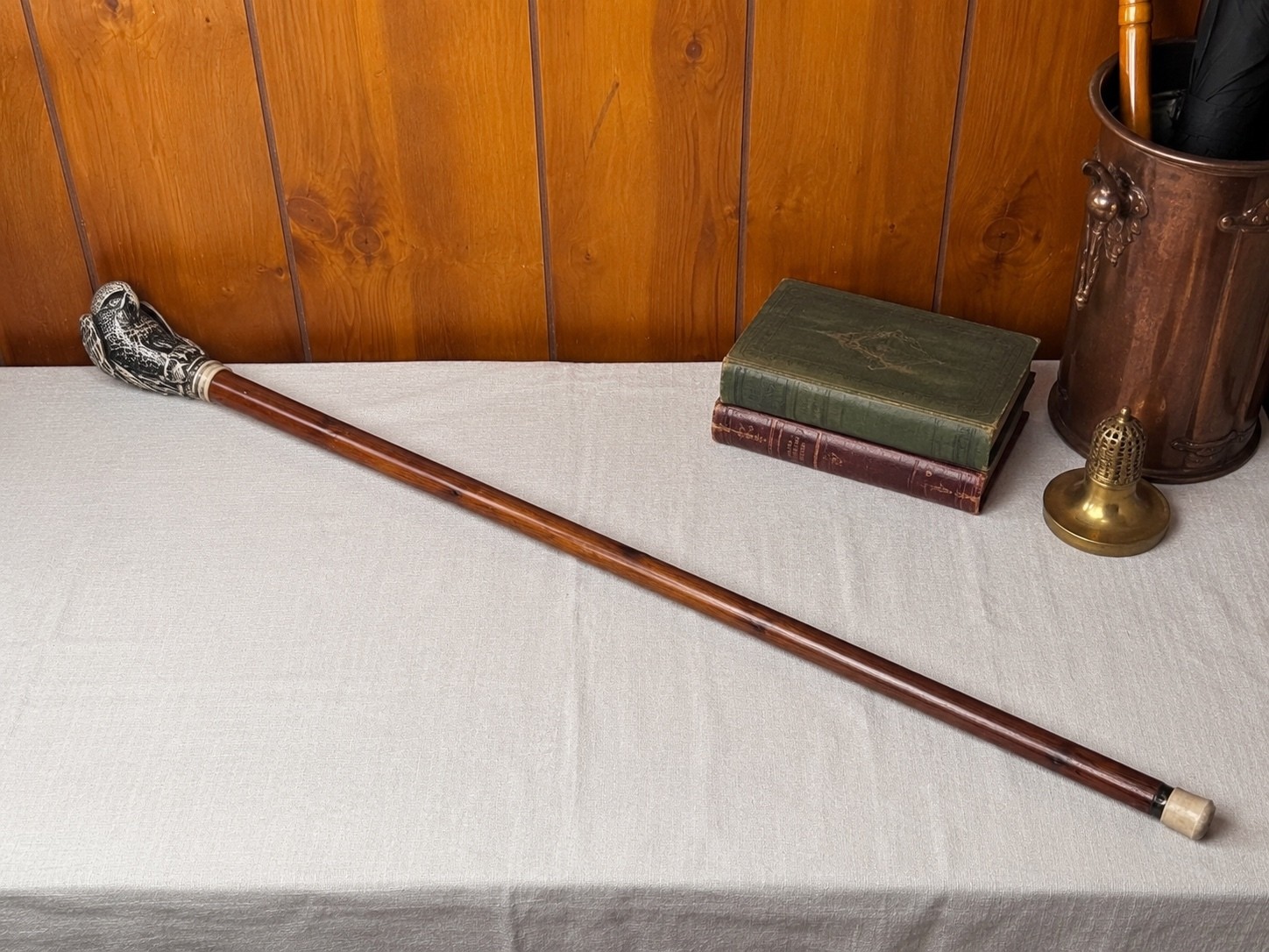 Vintage Owl Head Walking Cane 37 Inch Wood Shaft Bird Handle Collectible Decor