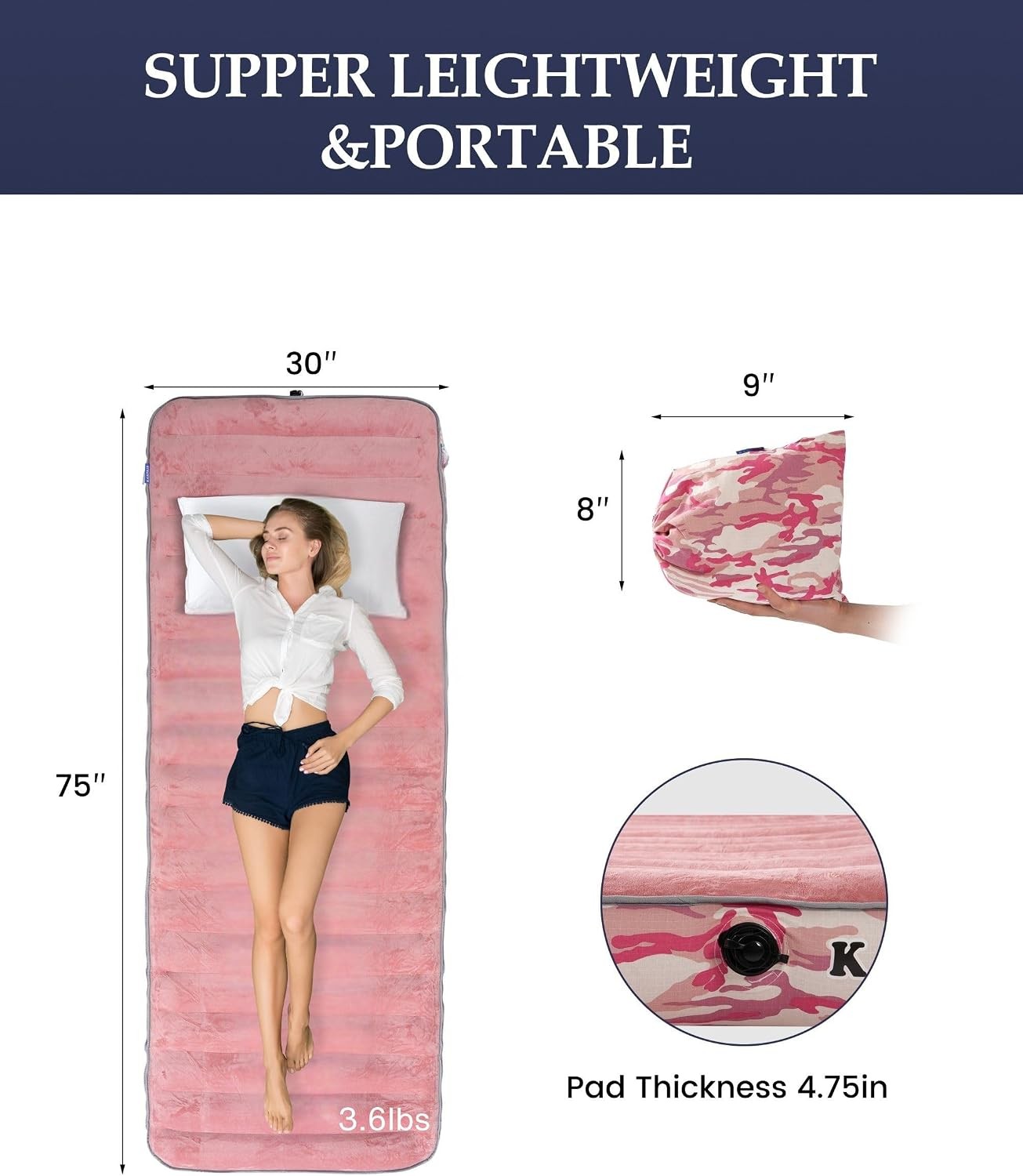 Inflatable Sleeping Pad for Camping, Extra-Thick 4.75″ Single Air Mattress with