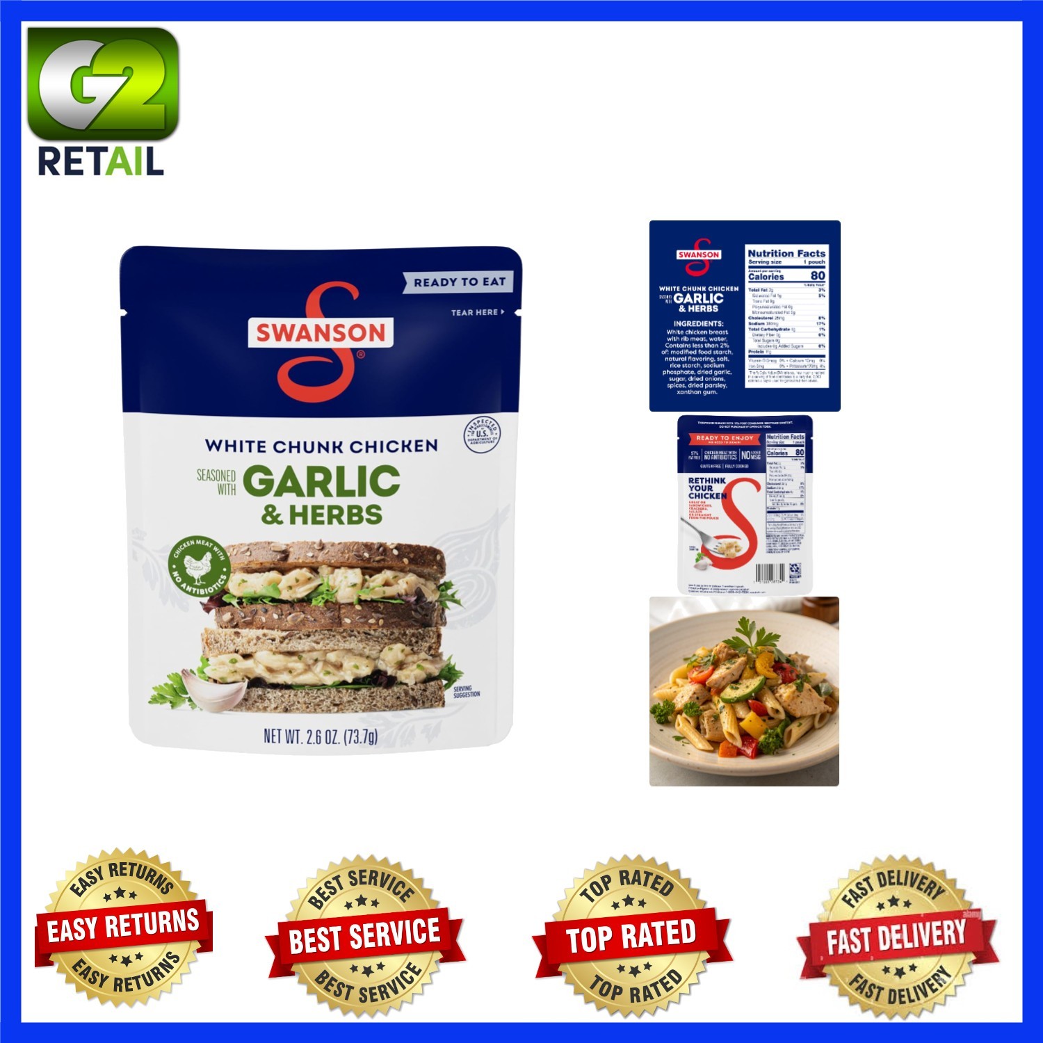 Swanson Garlic & Herbs Fully Cooked Chicken Pouch, 2.6oz – Easy Gluten-Free Meal