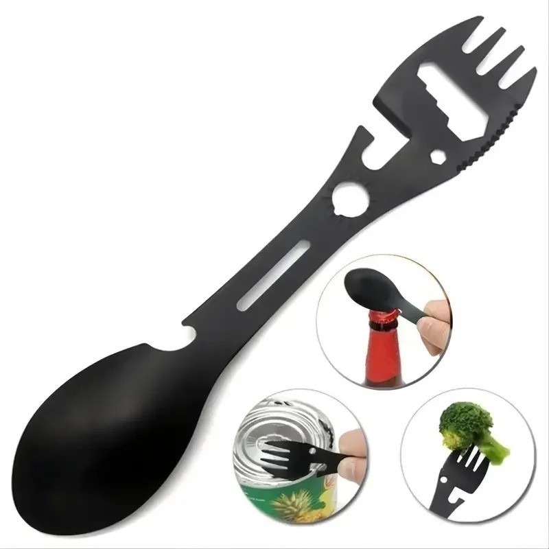 5-in-1 Camping Spork Fork Spoon Knife Bottle Can Opener Stainless Steel Tool USA