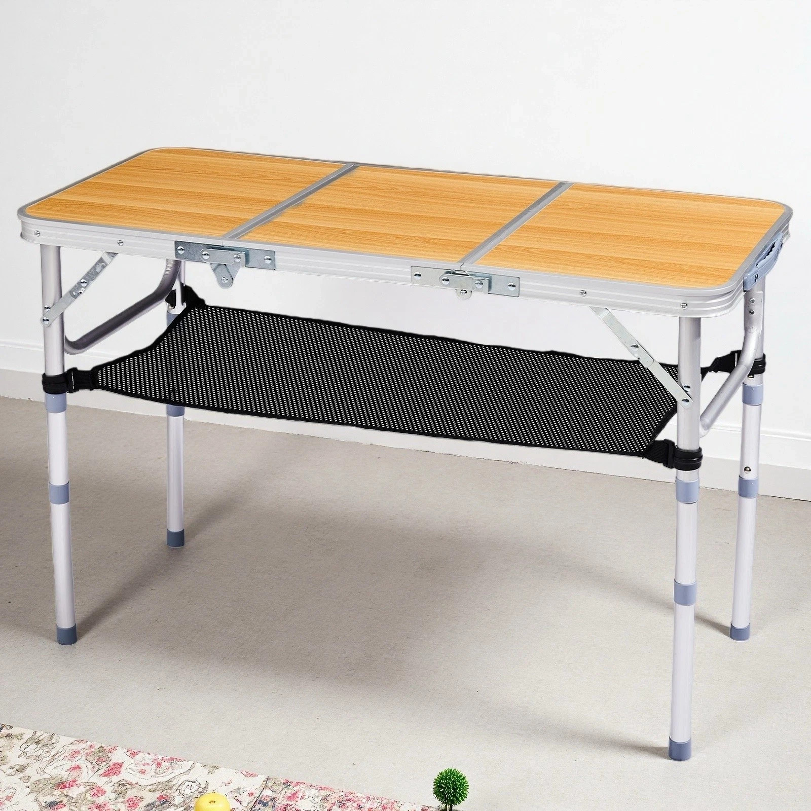 Folding Camping Table 3ft With Storage Net – Adjustable, Wood Grain & Aluminum