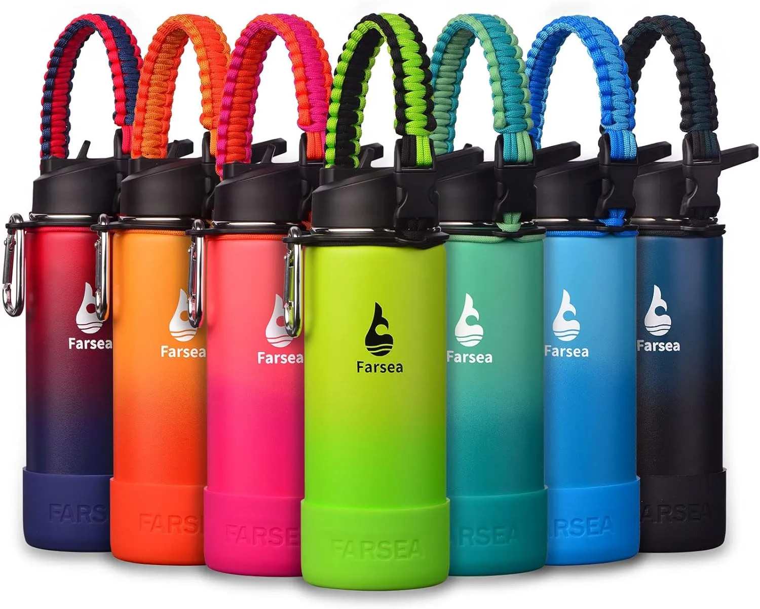 18 Oz Insulated Stainless Steel Water Bottle With Paracord Handle And Two Lids