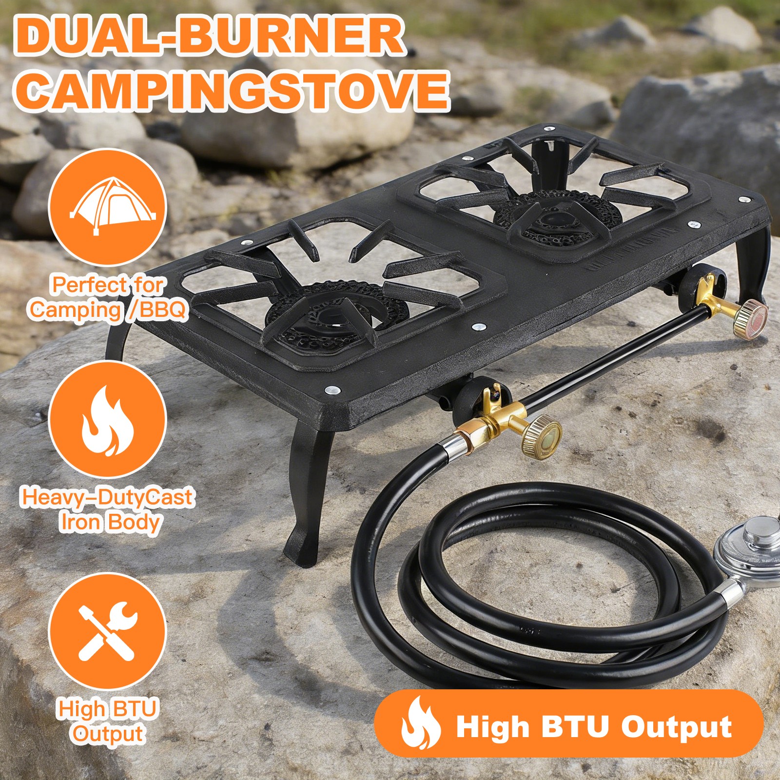 Cast Iron Double Burner Portable Outdoor Camp Stove Propane Gas LPG BBQ Cooker