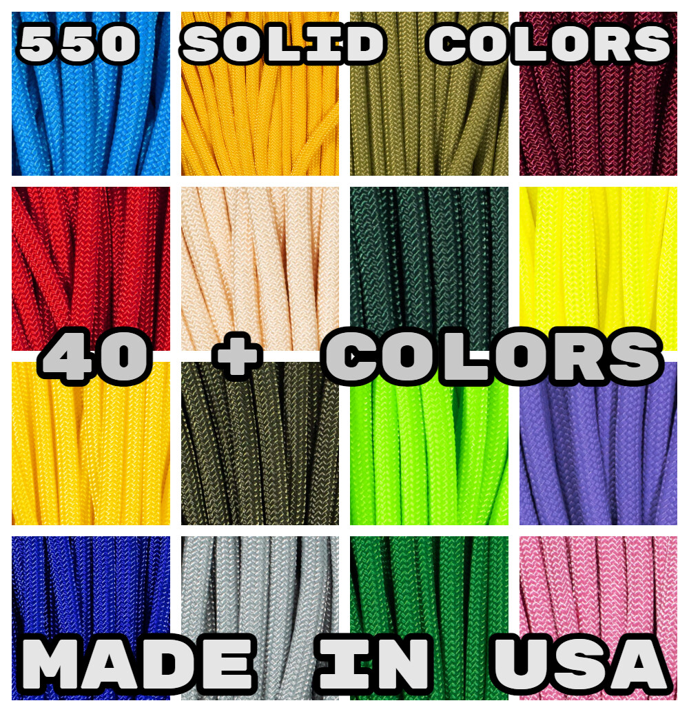 550 Paracord Premium Solid Colors – 10, 25, 50, & 100 Ft Options – Made In USA