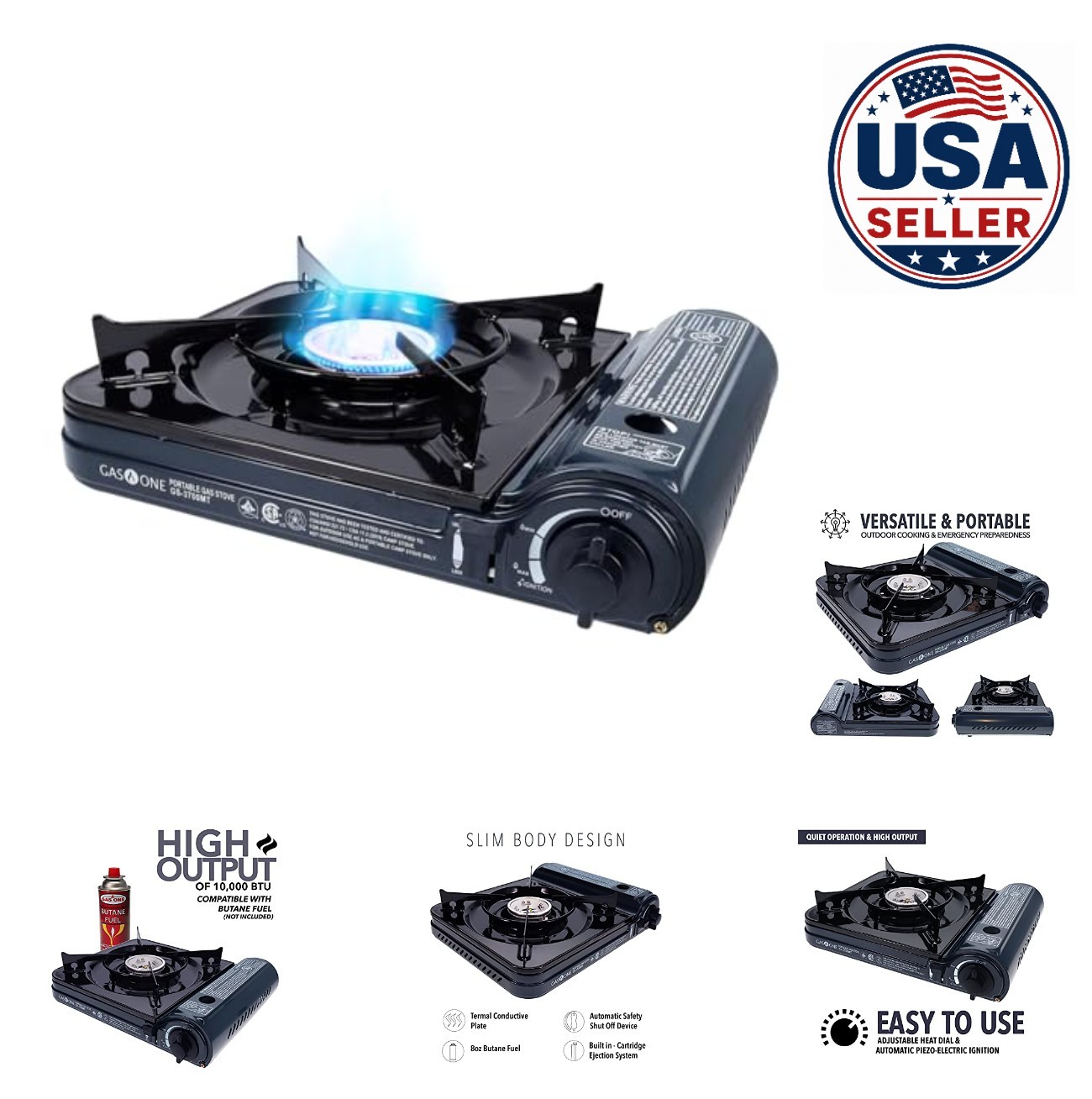 Portable Butane Gas Stove 10000 BTU Piezo Ignition Auto Shut Off Camping Cooking