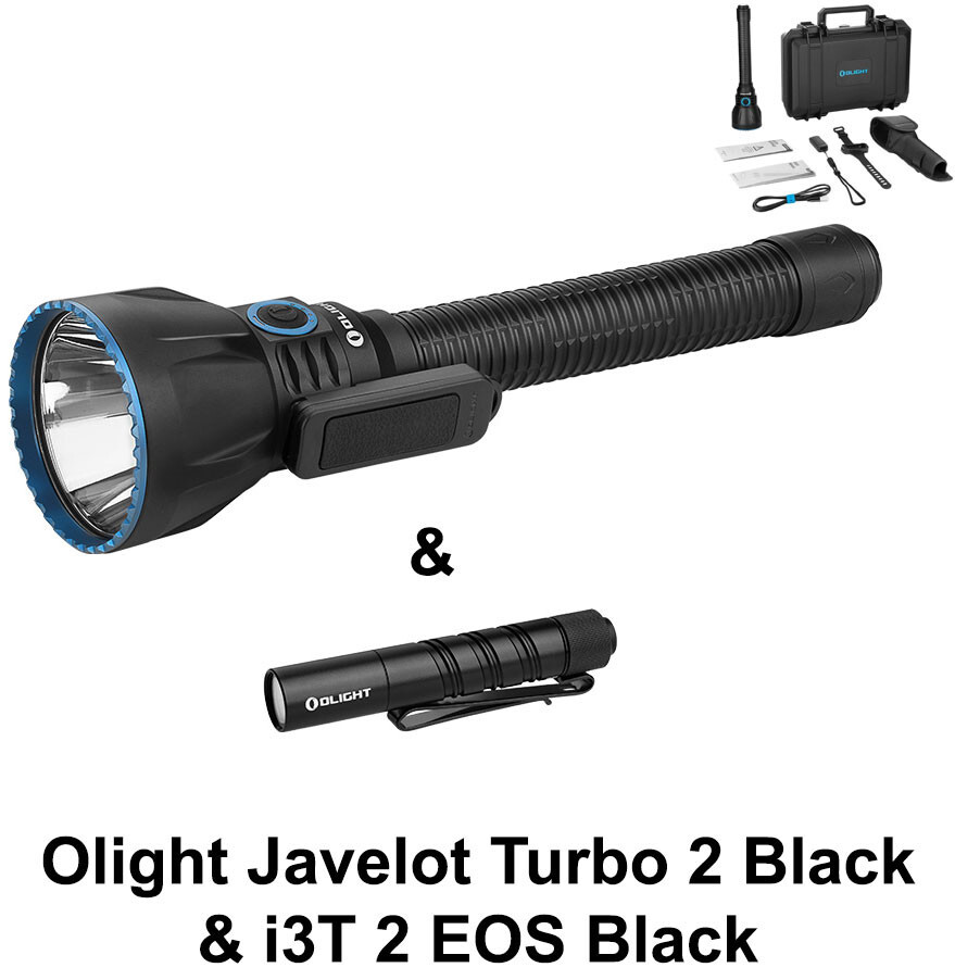 Olight Javelot Turbo 2 Black 1500 Meters Long Range Flashlight & i3T 2 EOS Black