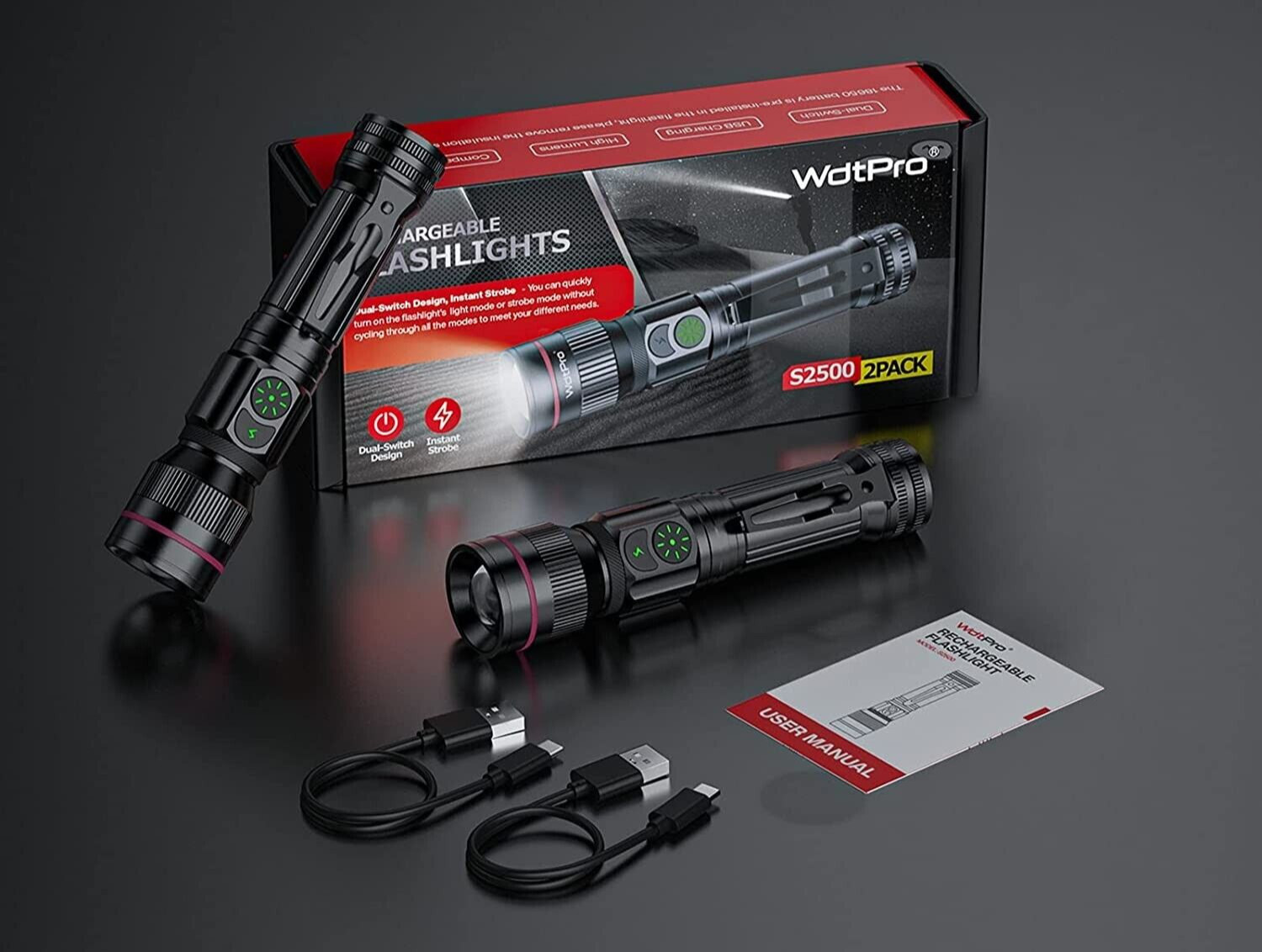 WdtPro S2500 Tactical EDC Rechargeable Flashlight Dual-Switch 1500 Lumens 2-Pack
