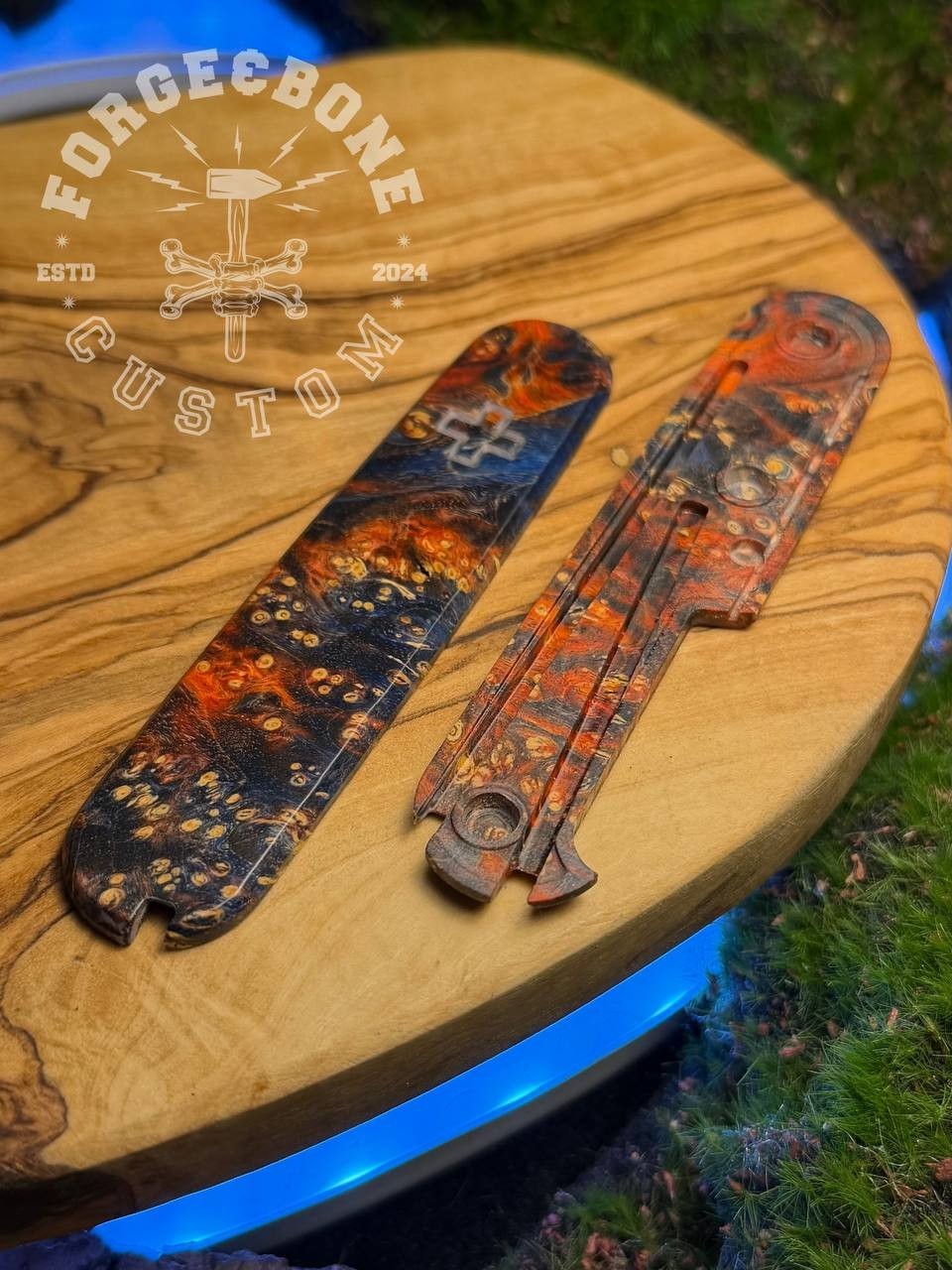 Custom scales for Victorinox 91mm Plus Box Elder Stabwood Red/Blue Grips