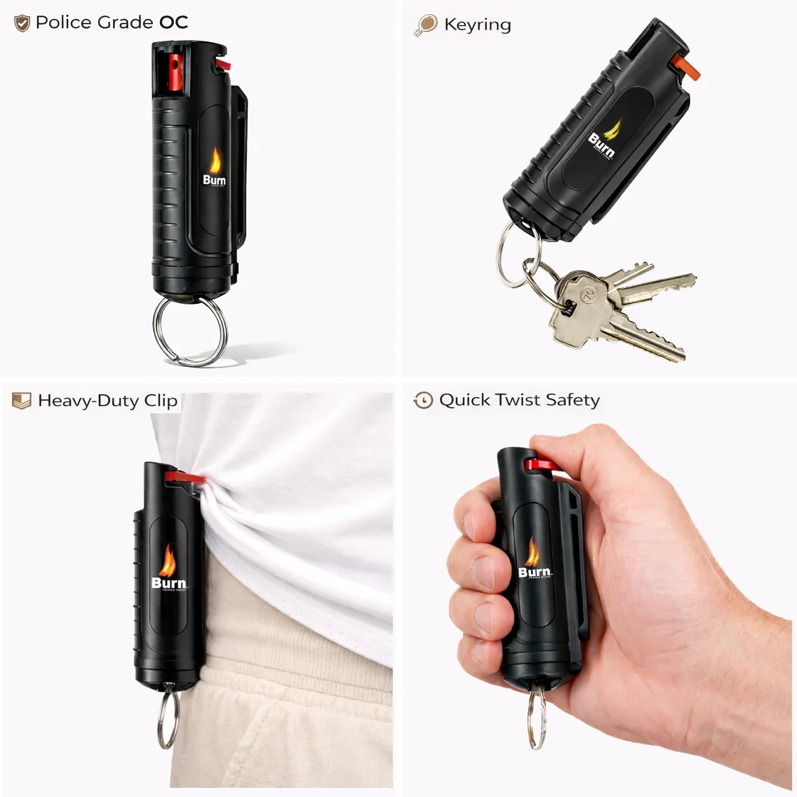 2 Pack BURN Pepper Spray 1/2oz Self Defense Keychain Case Molded OC Black