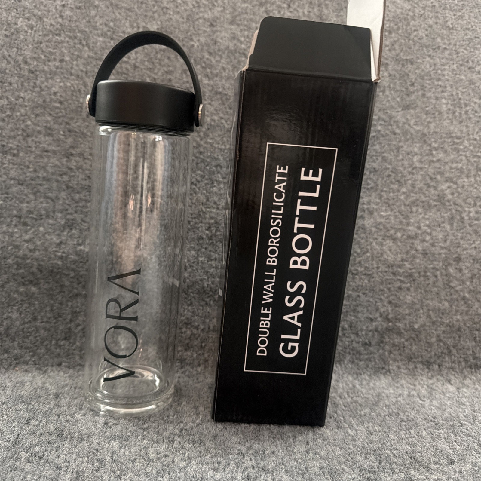 BPA free Double Wall Borosilicate Glass Drinking Bottle Screw Top Lid 14oz VORA